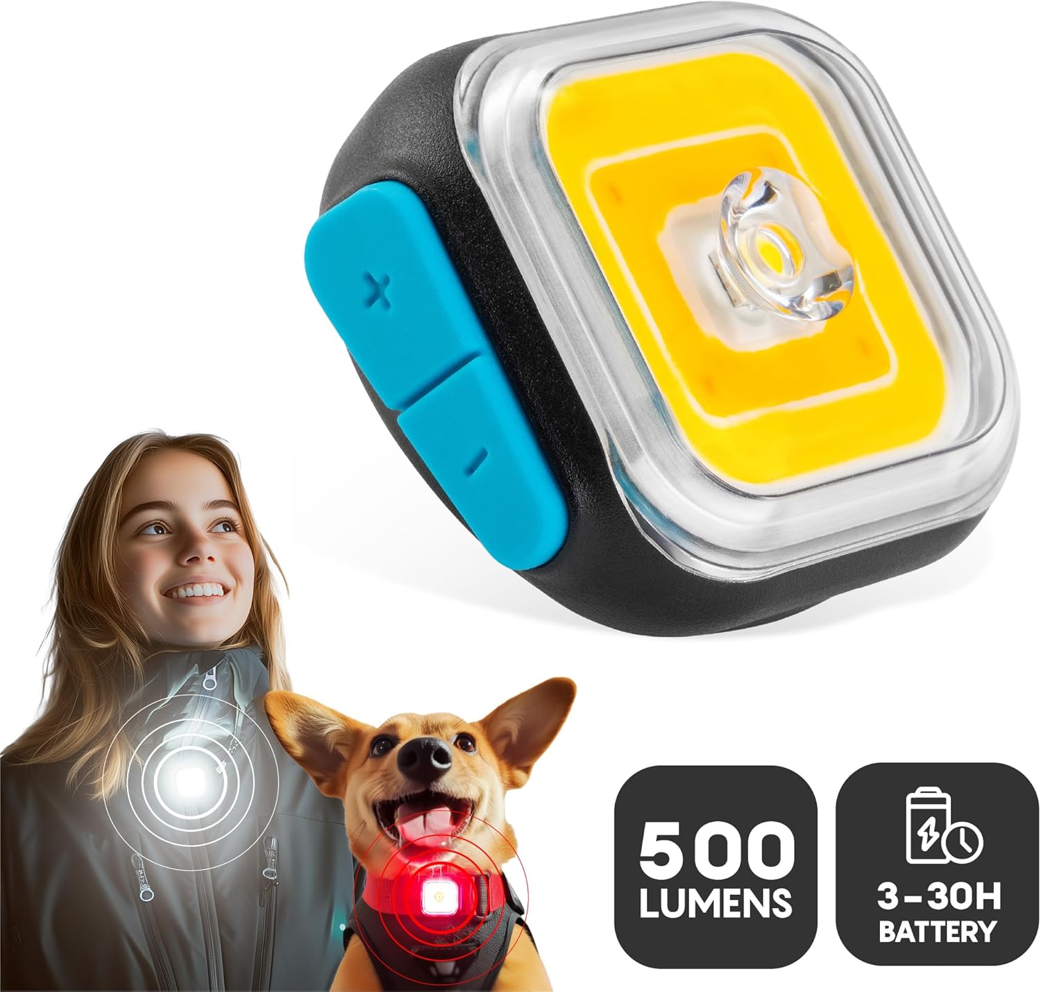 Light01 MEOLINQ 500 Lumen Light for Running, Dogs, Walking - Wearable Flashlight, Bike Tail Lights, Hiking, Camping - Attaches to Any Fabric, Clipless & Waterproof, for Riders & Outdoors