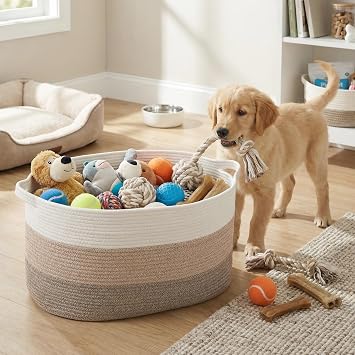 Dntorx 60L Large Cotton Rope Laundry Baskets With Handles, White & Brown