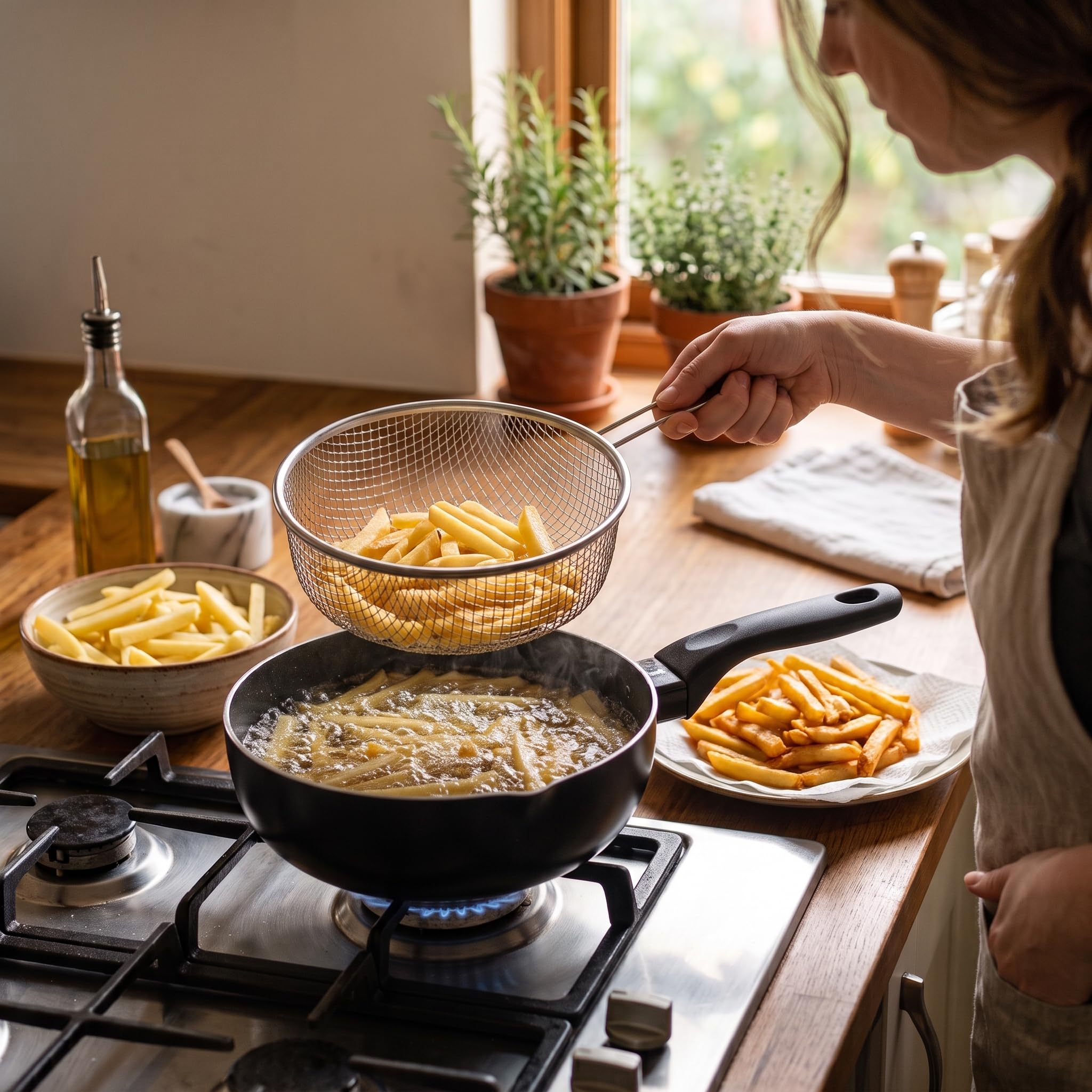 MGE - Padella Friggitrice con Cestello - Alluminio Antiaderente - Padella Friggitrice Induzione - 24 cm