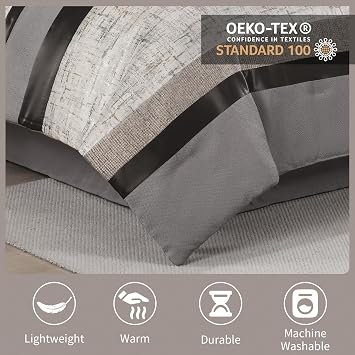Gray Geometric Jacquard Comforter Set King Size, 7 Pieces Bedding Set with Bed Skirt, Pillow Shams and Decorative Pillows