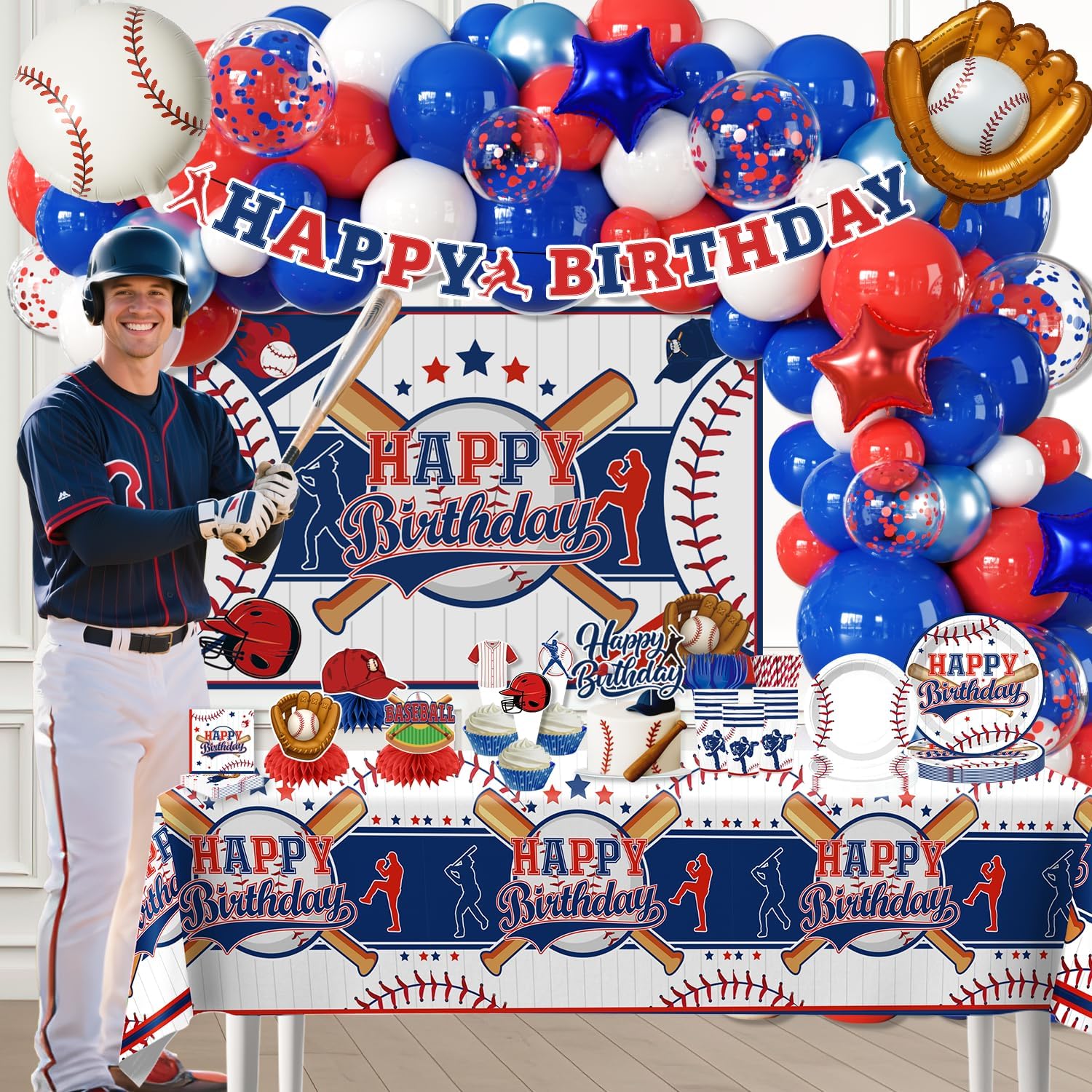 259pcs Baseball Birthday Decorations, All-in-one Baseball Birthday Party Pack with 20pcs Plates, Napkins, 2pcs Tablecloth, Banner, Balloon Arch for Baseball Party Supplies, 20 Guests