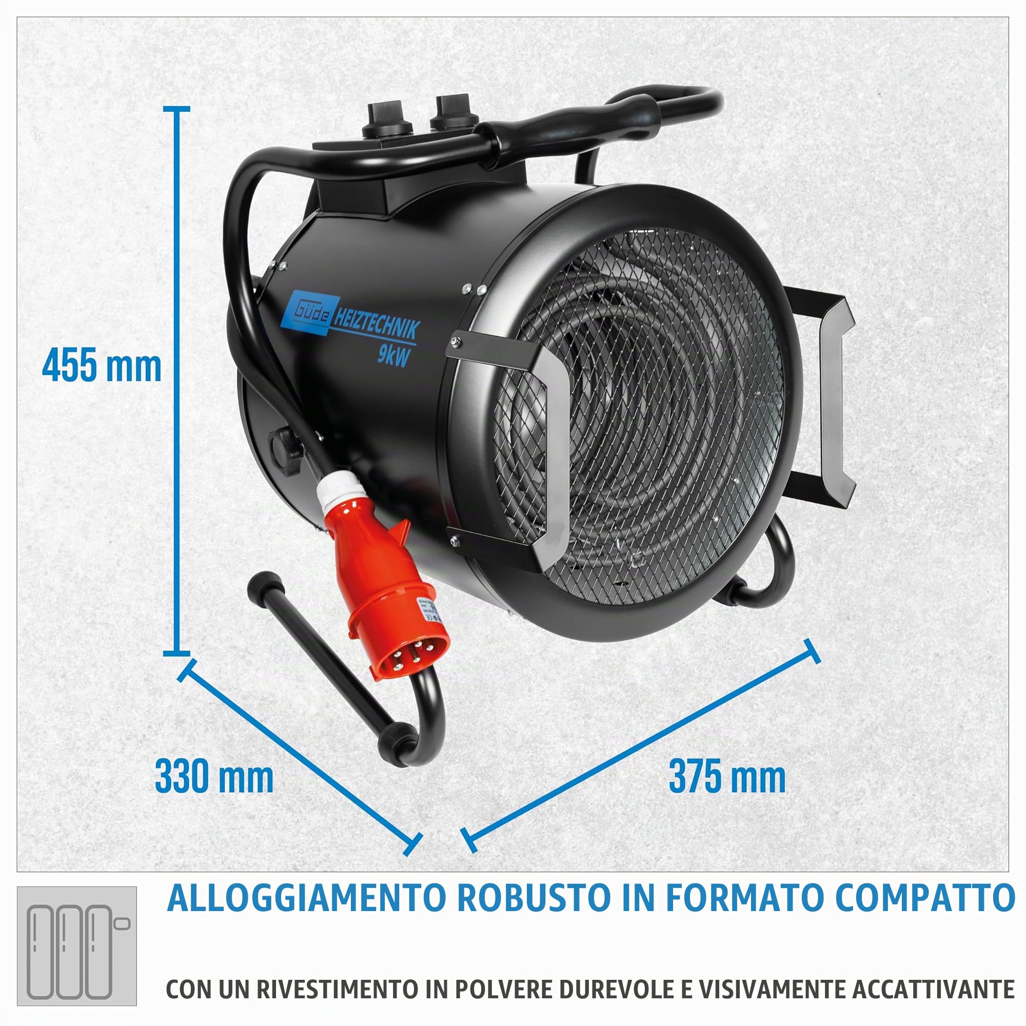Güde Riscaldatore elettrico GH 9 E (9 kW, 2 livelli di calore 4,5/9 kW, funzione ventilatore, potenza soffiante 742 m³/h, angolo di inclinazione e spegnimento, protezione da surriscaldamento,