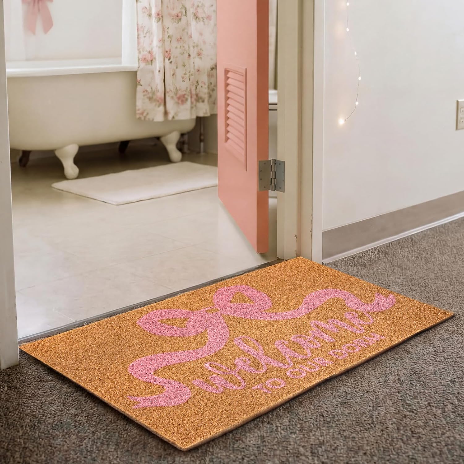 Dunzy Pink Bow Dorm Doormat 29.5 x 17.5'' Cute Ribbon Bowknot Coco Coir Floor Mat Welcome to Our Dorm Coquette College Room Necessity Non-Slip Entrance Door Rugs Gift for Her Rooms Bathroom