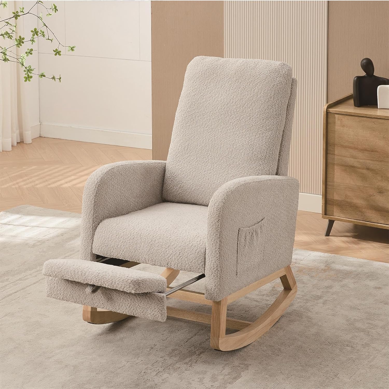 Nursery Rocking Chair,Teddy Upholstered Glider Rocker Rocking Accent Chair,Padded Seat with Foot Rest and High Backrest Armchair Comfy Side Chair for Living Room,Bedroom (Teddy+Beige)