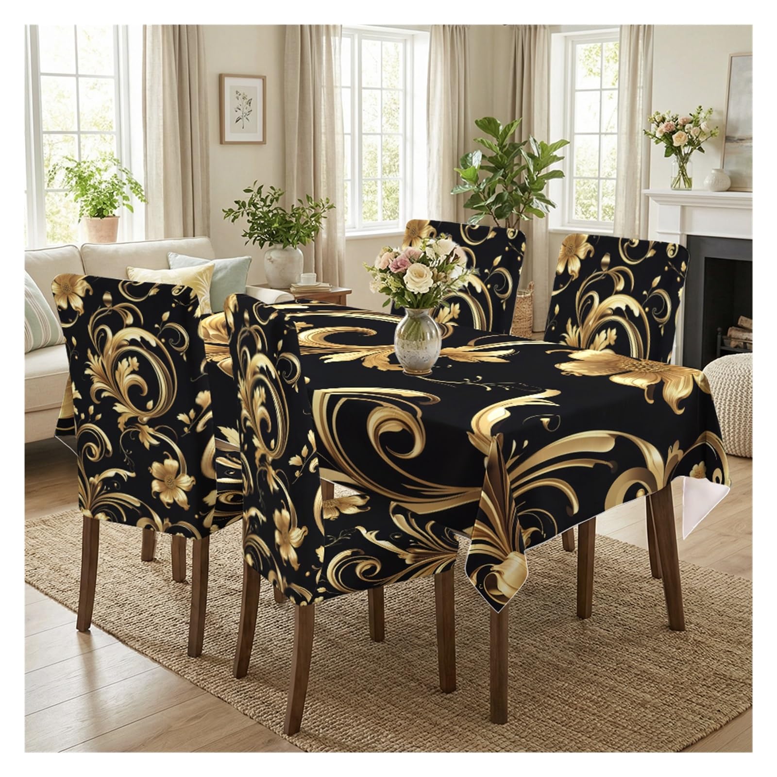 KXUAUV Baroque Print Stretch Chair Covers & Tablecloth Set, For Dining Room Kitchen Formal Dinner Party Decor, 5/7 Pack Party Decor(5pcs Set: Tablecloth+Chair Covers)