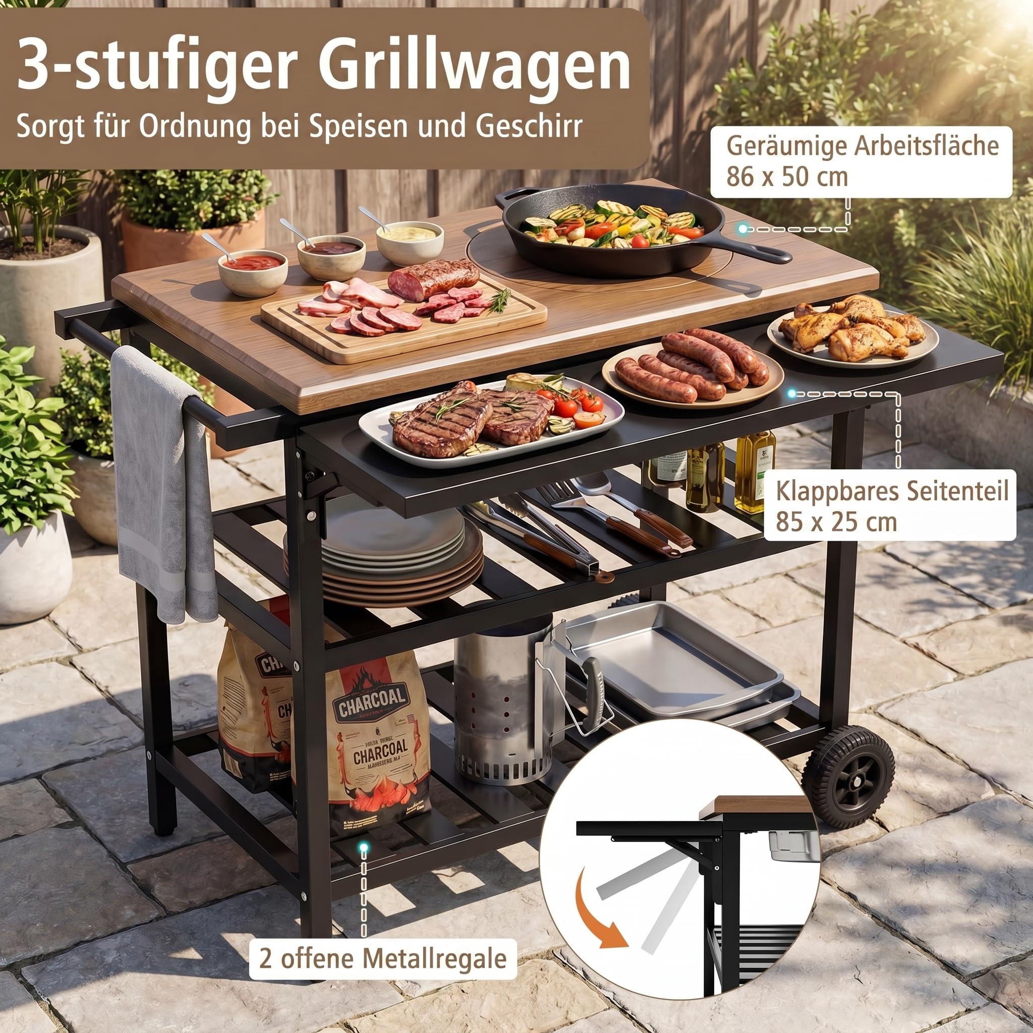 COSTWAY Grillwagen Outdoor, Grilltisch auf Rollen, Servierwagen mit Holzkohlegrill, klappbarem Seitentisch, Arbeitsfläche Holzoptik & 2 Ablagen, Metall, für BBQ Garten Terrasse, 94,5x75x78,5 cm, Braun