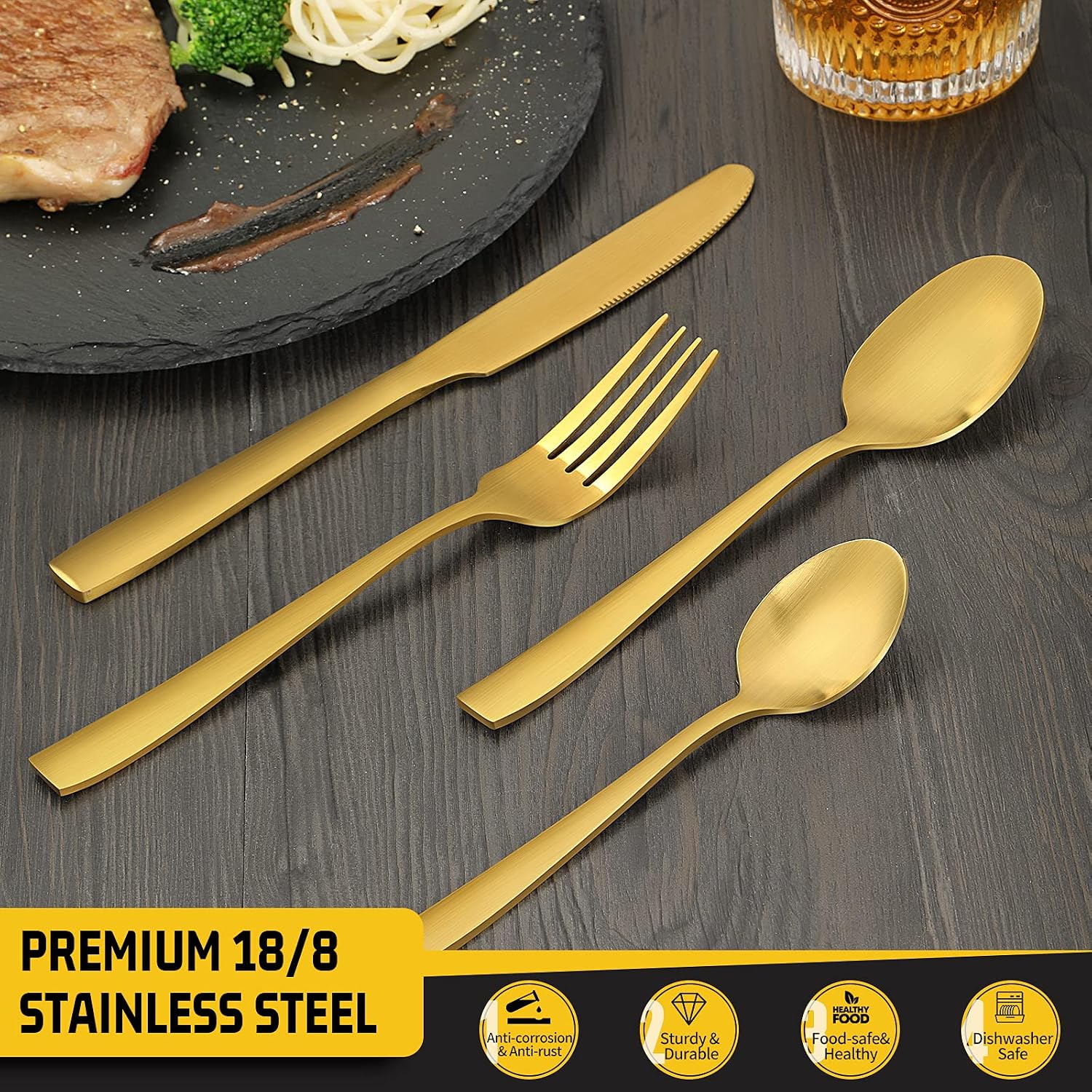 Hiware 25-Piece Matte Gold Silverware Set with Serving Utensils, Stainless Steel Flatware Cutlery Set for 4, Kitchen Eating Utensils Tableware Set, Dishwasher Safe