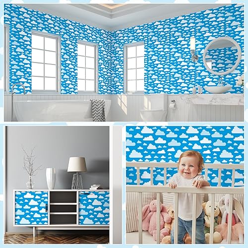 Miniatura 7 de Papel tapiz de dibujos animados para despegar y pegar, cielo azul, nubes blancas, papel tapiz extraíble, de vinilo autoadhesivo, decoración de