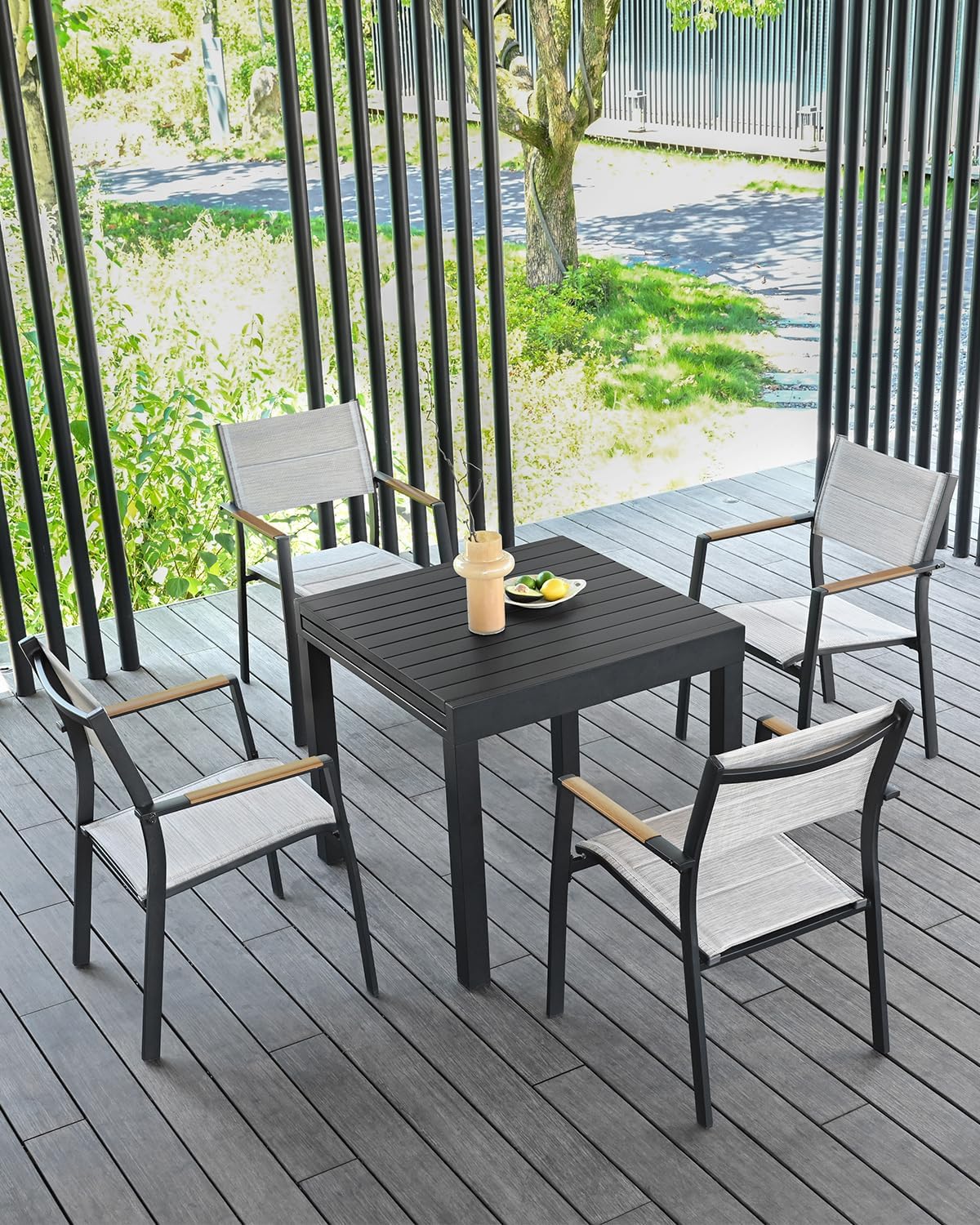 Stackable Patio Chairs Set of 4, Never-Rust Aluminum Outdoor Dining Chairs, Outdoor Stacking Dining Chairs Patio Dining Chair with Double-Layer Thickened Textilene for Deck, Garden, Teak