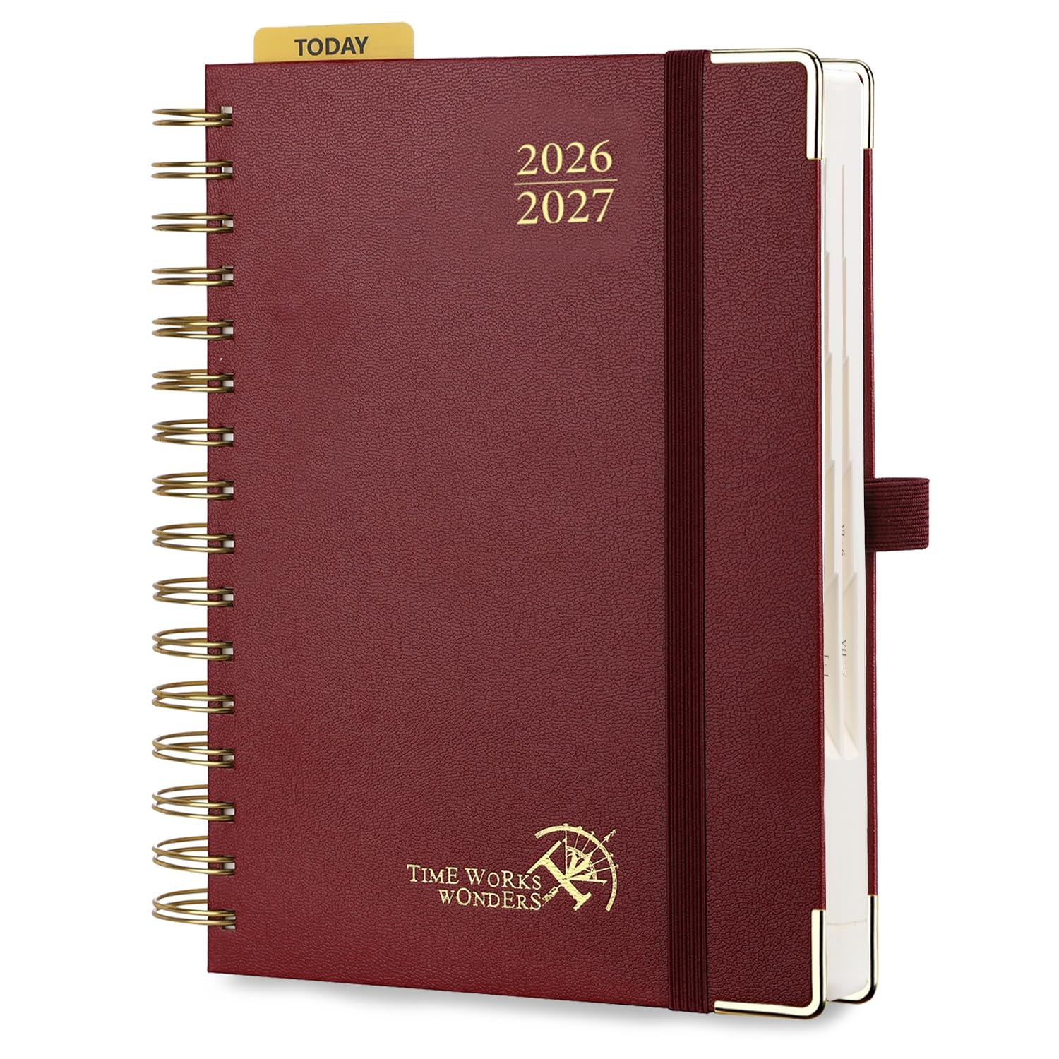 POPRUN Agenda 2026 2027 Dia Por Pagina 21,5 x 14,5 cm, Espiral Diaria 12 Meses de Ago.2026 a Jul.2027, Tapa Dura, Regla de Plásticol, 80 GSM Papel, Borgoña