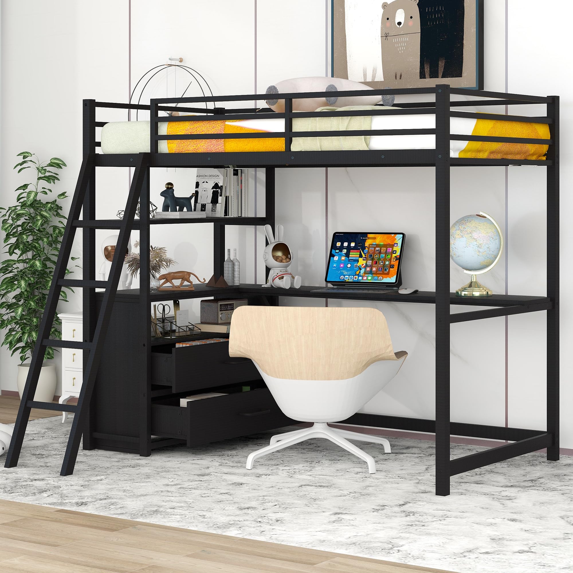 Bellemave Twin Size Loft Bed with Desk and Shelves,Metal & Wood Loft Bed with 2 Built-in Drawers for Kids Teens Adults Bedroom(Black). BOX 1 of 2 ONLY