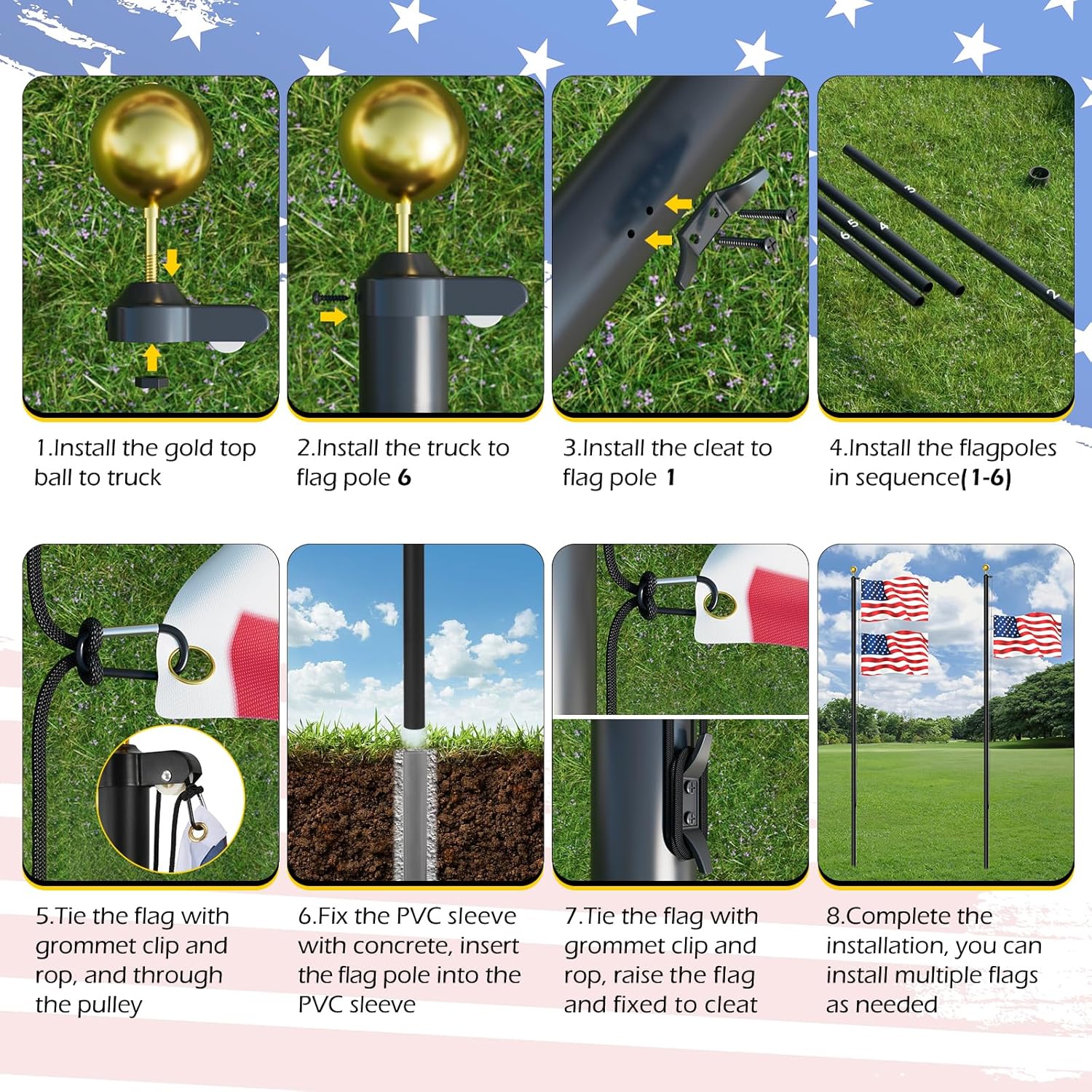 Dyna-Living Flag Pole Kit 12 Gauge 25 FT Heavy Duty Flagpole Aluminum Extra Thick Flag Pole for Outside House In Ground, Black Garden Flag Stand Residential Flag Poles with 3 * 5 FT USA Flag