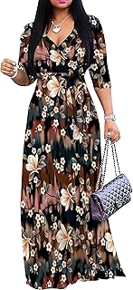 Plus Size Maxi Dresses for Women Casual Flowy Long Dress 3/4 Sleeve V Neck Wrap Dress with Belt - Buy now