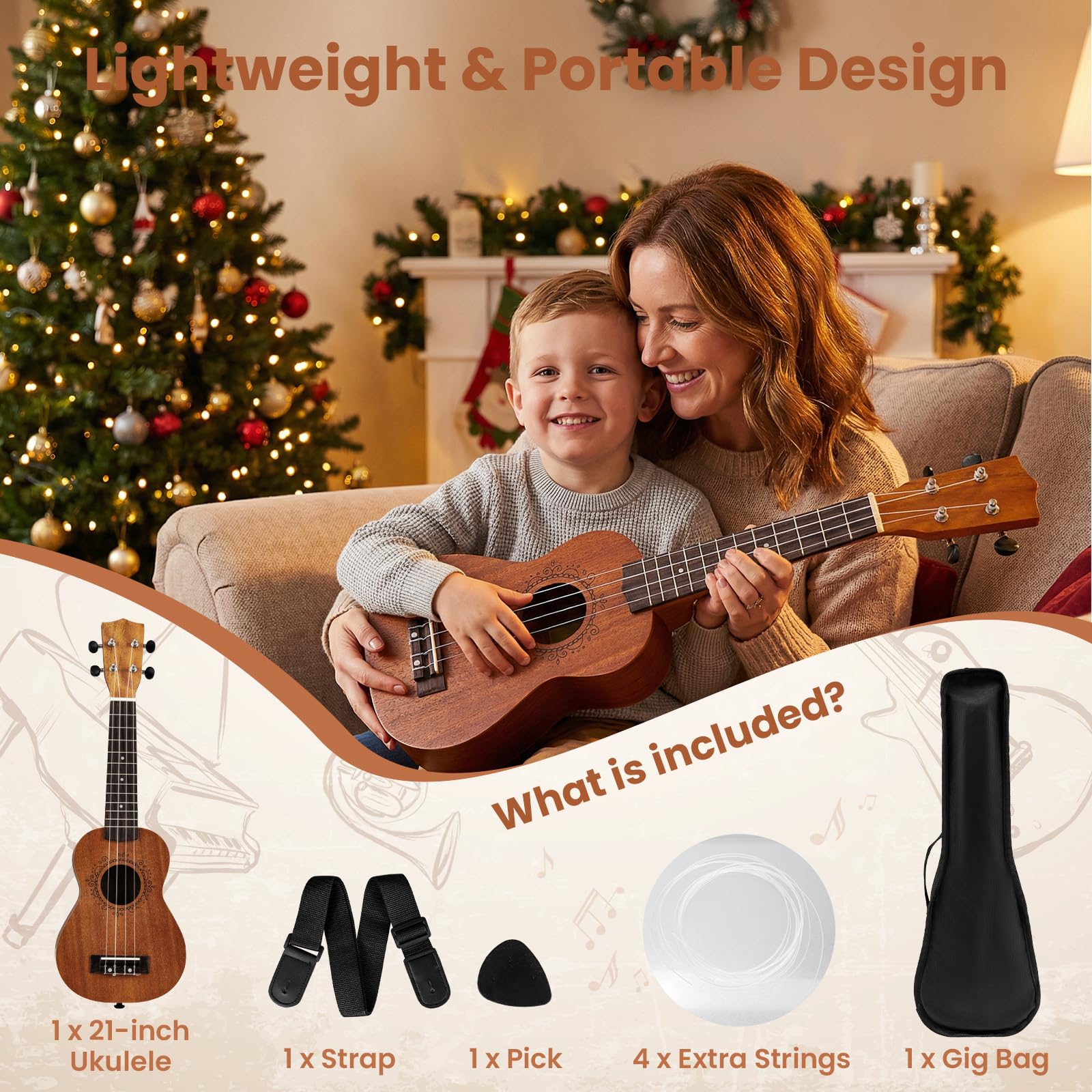 KOMFOTTEU Ukulele da 21 pollici in legno di mogano, set ukulele con tracolla regolabile, set chitarra con plettro e corde in nylon, borsa da trasporto, strumenti musicali per adulti e bambini