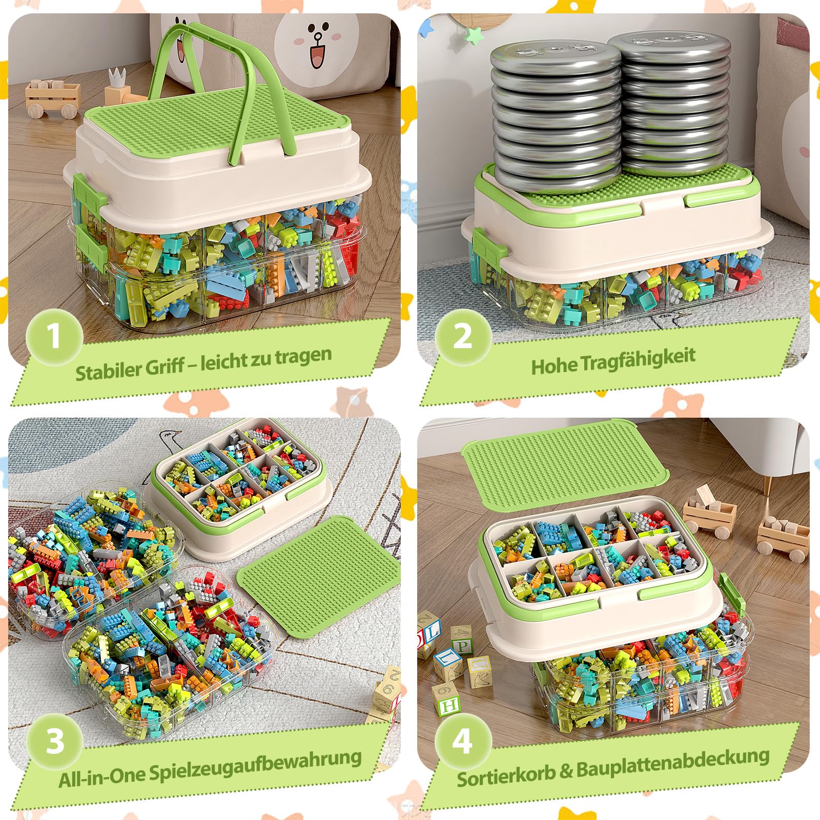 Scatole impilabili per mattoni Lego con coperchio – Scatola trasparente con 4 ripiani, mattoncini da costruzione con maniglie, organizzatore per mattoncini e puzzle, verde