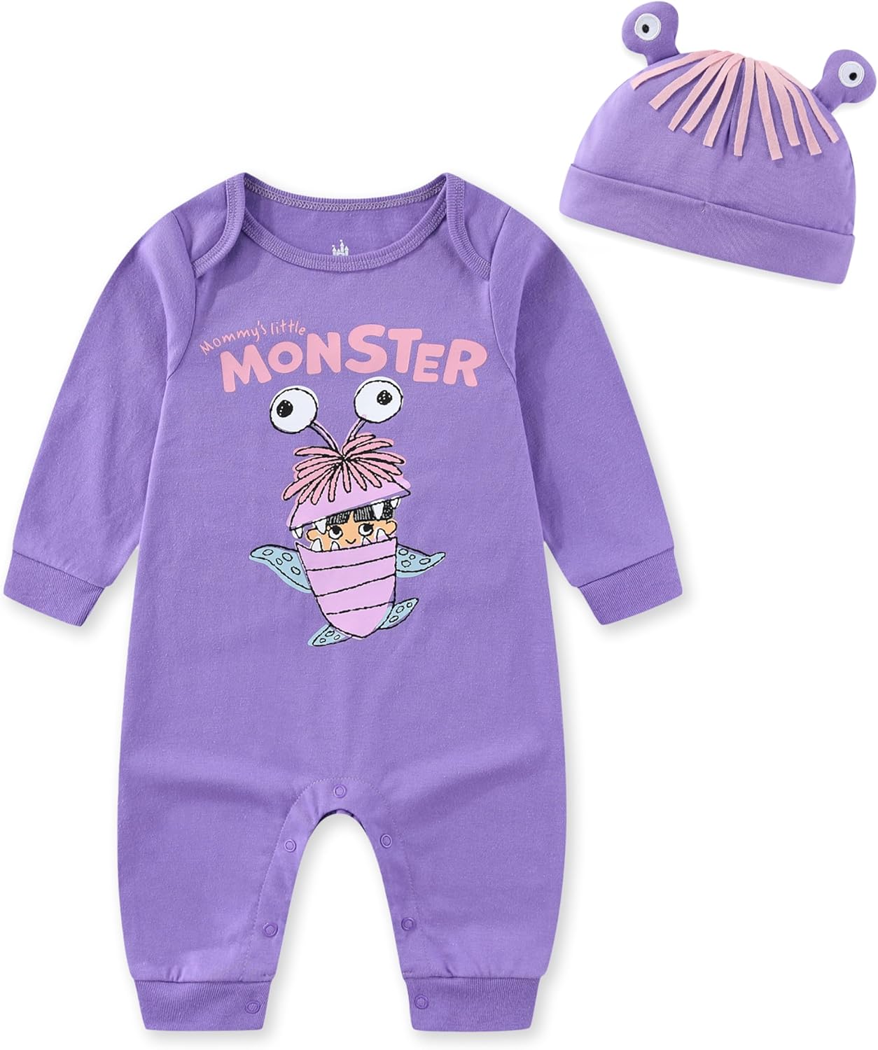 Disney Monsters Inc. Baby Girls Coverall with Cap 2 Piece Set for Newborn and Infant