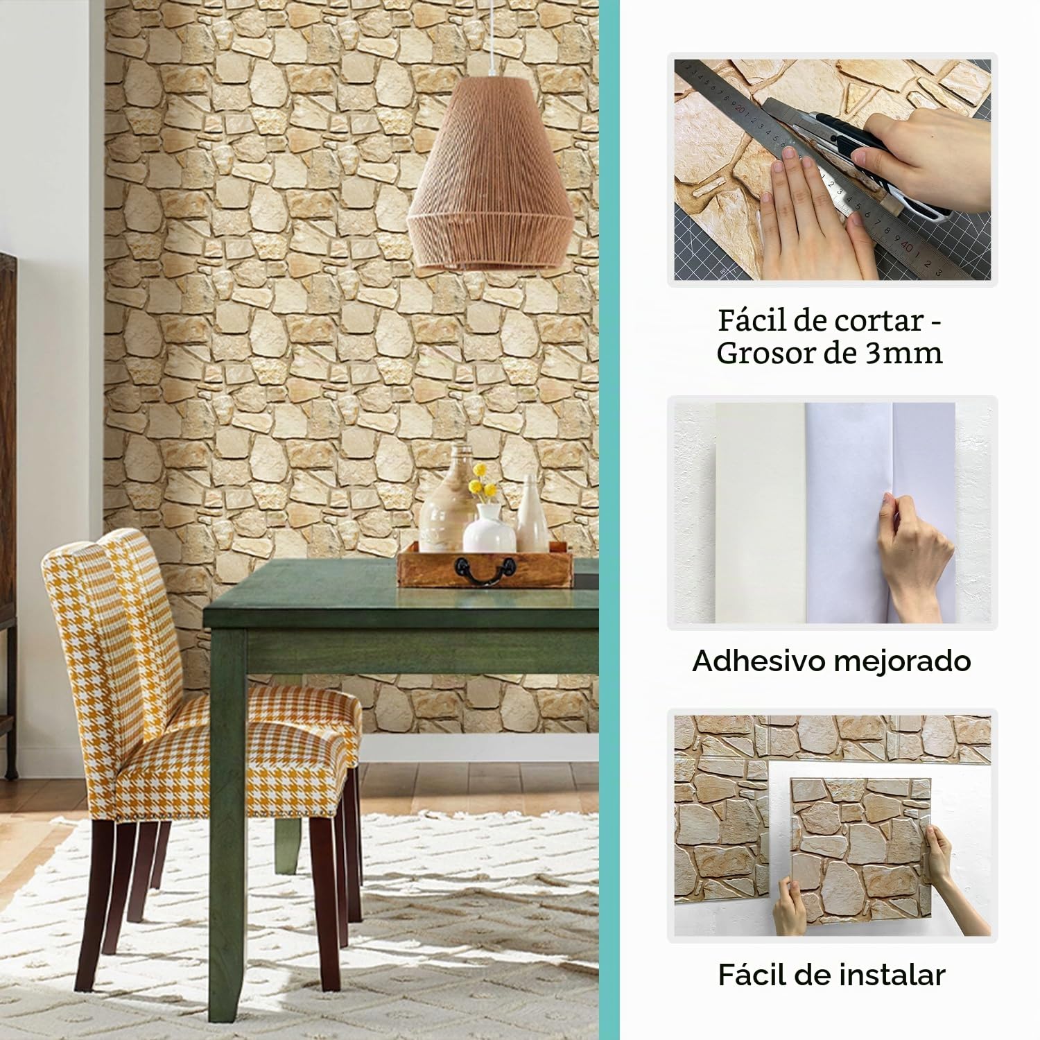 Commomy Paneles de pared 3D Autoadhesivo, Panel Decorativo Pared, Efecto Ladrillo de Piedra, Papel Pintado Pared, PVC, para Salón, Cocina, Dormitorio, Interior, 10 Piezas, 30 x 30 cm