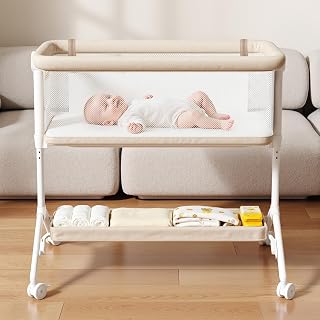 TaylengrowBaby Breathable Mesh Bedside Bassinet Sleeper - Portable with Washable Mattress, 5 Adjustable Heights, Beige