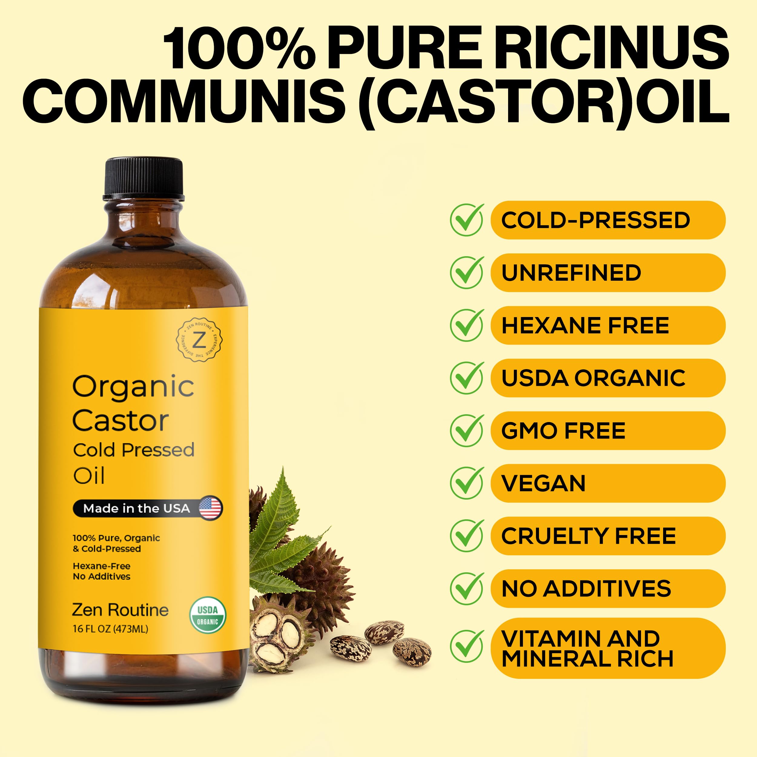 Organic Castor Oil - Castor Oil Organic Cold Pressed Unrefined Glass Bottle - 16Oz (Pack of 1) Pure Hair and Skin for Eyelashes, Eyebrows, and Body - Natural Moisturizer and Hair Growth Support