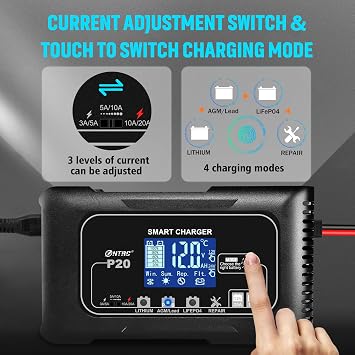20Amp 12/24V Smart Car Battery Charger Fully Automatic Maintainer, Trickle Charger/Desulfator with Overcharge Protection & Temperature Compensation for LiFePO4 Lead Acid Lithium Batteries