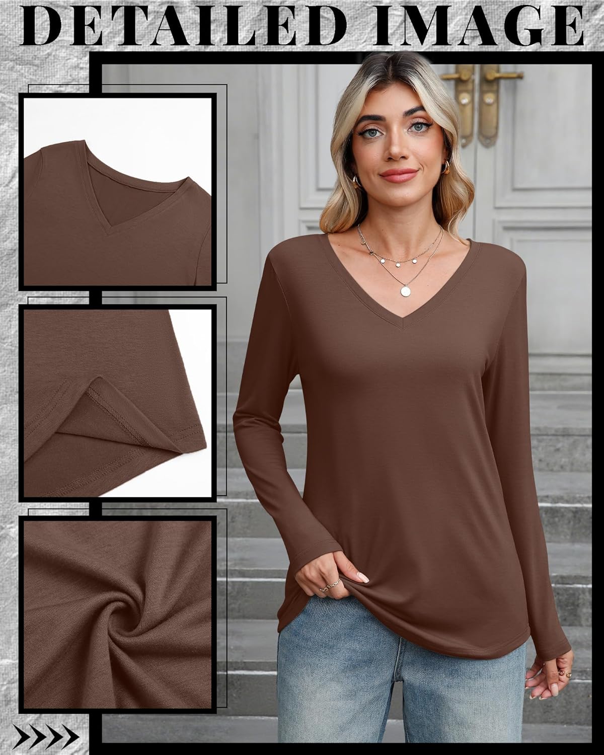 Ficerd 3 Pack Women's Long Sleeve Shirts, V Neck Cotton Blend Tops Loose Fit Casual T-Shirts Curved Hem Basic Layering Tees - Image 4