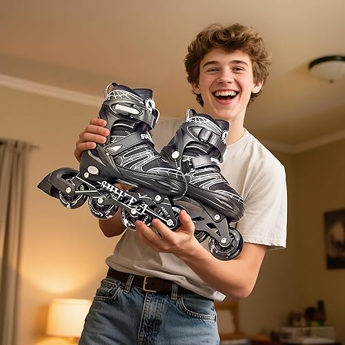 Miniatura 38 de SULIFEEL Patines en línea de unicornio arcoíris para niñas y niños, 4 tamaños, ajustables, con ruedas iluminadas, para niños principiantes C rosado