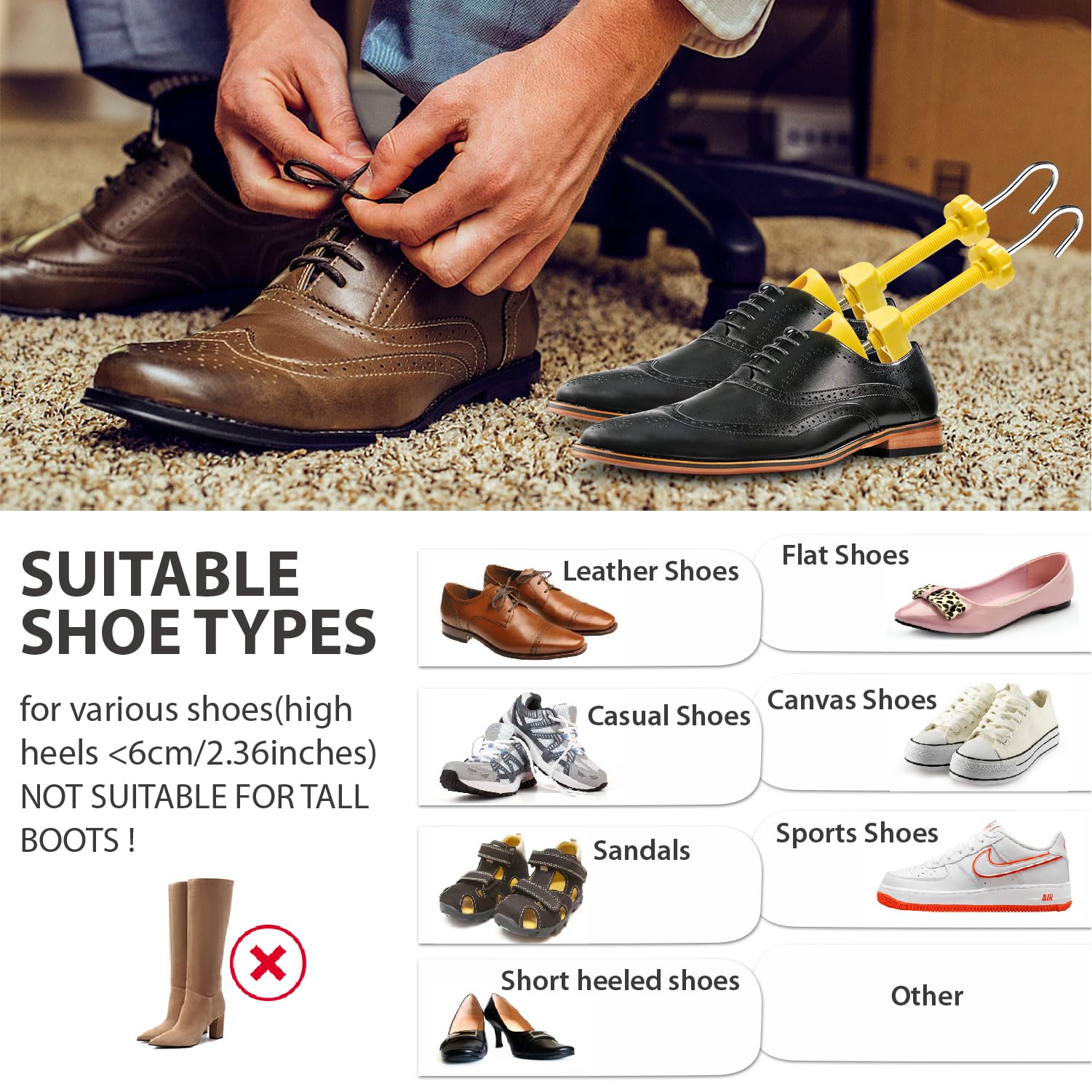 Barella per scarpe (1 unità) - Espande le scarpe Altezza (collo del piede) e lunghezza delle scarpe strette per Donna/Uomo/Tacco alto