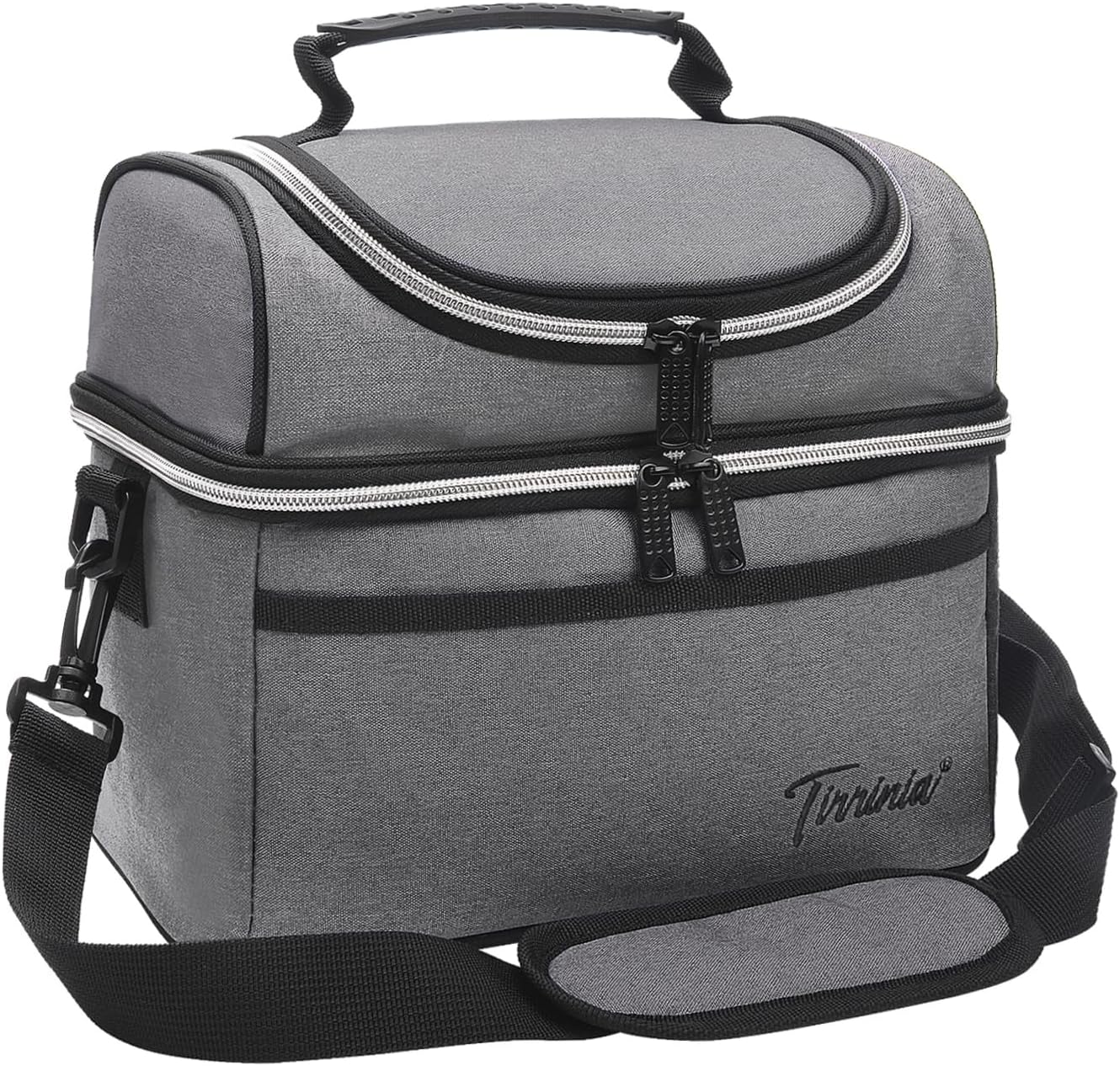 Reusable Lunch Box for Men Women, Insulated Lunch Bag Adult Work, Double Decker Leakproof Lunchbox for Office Picnic Beach—Dual Compartment Lunch Cooler Bag,Grey