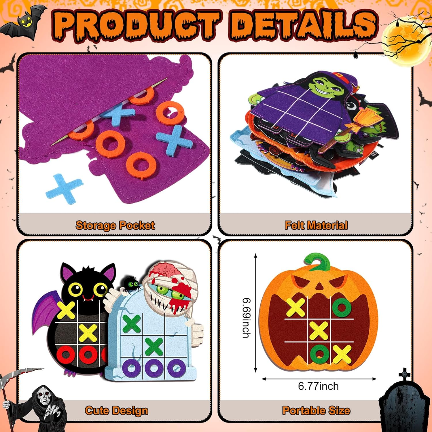 24 Pack Halloween Party Favors Tic Tac Toe Strategic Board Game Felt Halloween Mini Board Game Pumpkin Bat Ghost Goodies Bags Stuffers for Birthday Gifts Classroom Prize Supplies