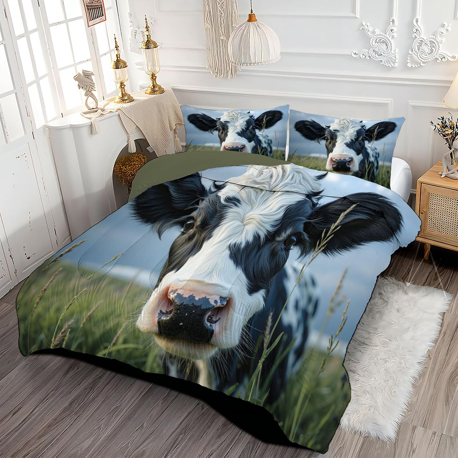 Kids 90" x 90" Coverless Duvet for All Seasons, Reversible Washable 3 Quilt with Nature Animals Patterns, Green Comforter with 2 Pillowcases 50x75cm, Queen