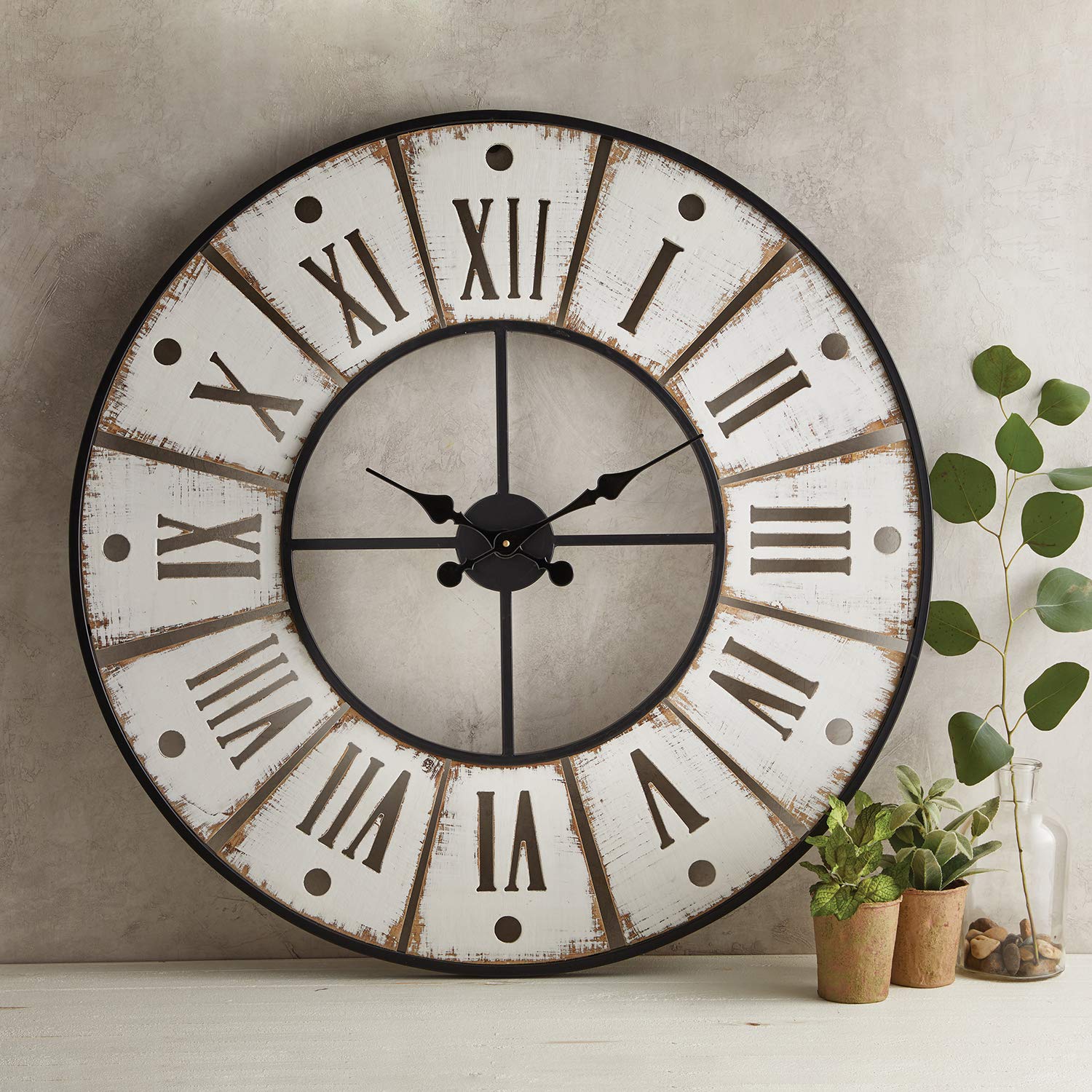 Heartfelt Collection Farmhouse Style Metal & Wood Clock, Large, White Washed Finish