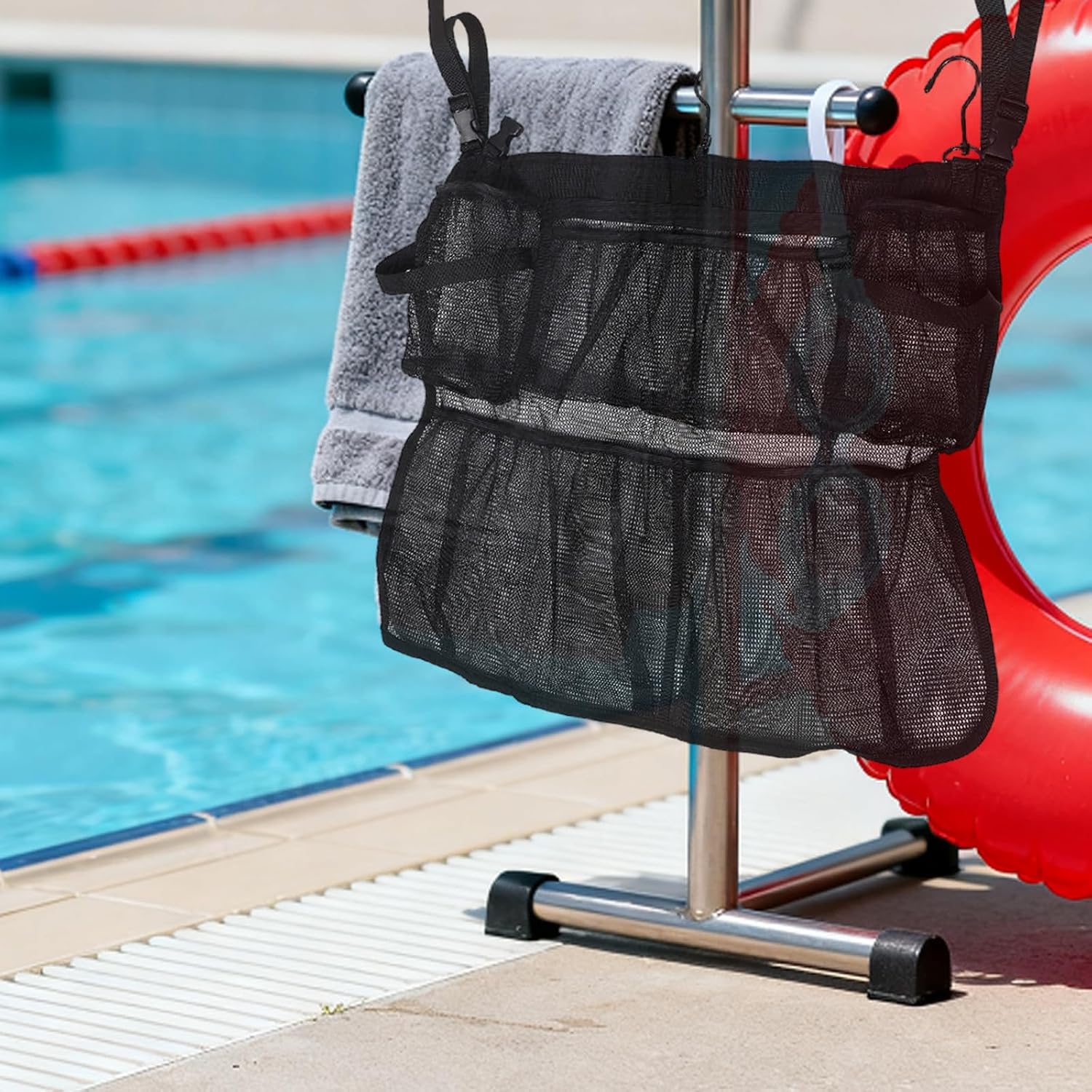 Trampoline Equipment Bag with Mesh Pocket, Shoe Bag with Adjustable Strap for Trampoline Accessory Storage/Pool Phone Wallet Organizer, Black, 24x20 Inch