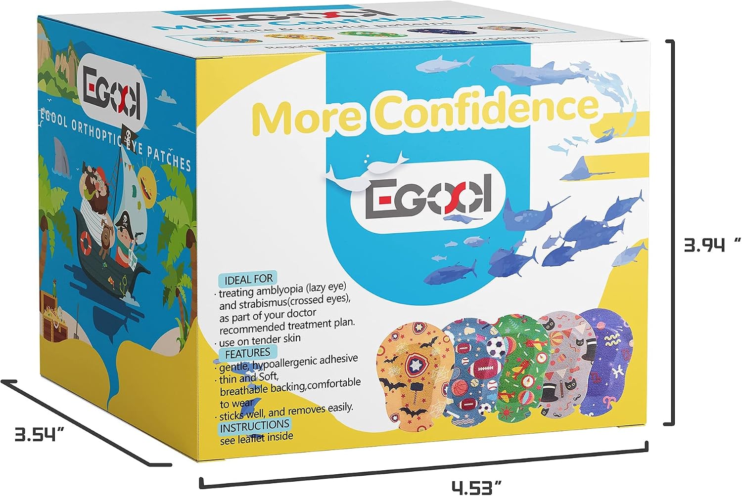 Adhesive Eye Patches for Kids – Cool Boys Design, 45 + 5 Bonus per Box, Regular Size, Breathable Material, Colorful and Fun Pattern, Hypoallergenic & Sensitive for Lazy Eye