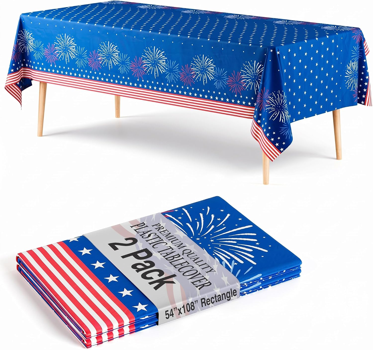 Trendables 4th of July Tablecloths 2 Pack, 54 x 108 Inch Disposable Patriotic Tablecloths, Red White and Blue Rectangle Plastic Waterproof Table Covers for Fourth of July, BBQ, Picnics & Parties