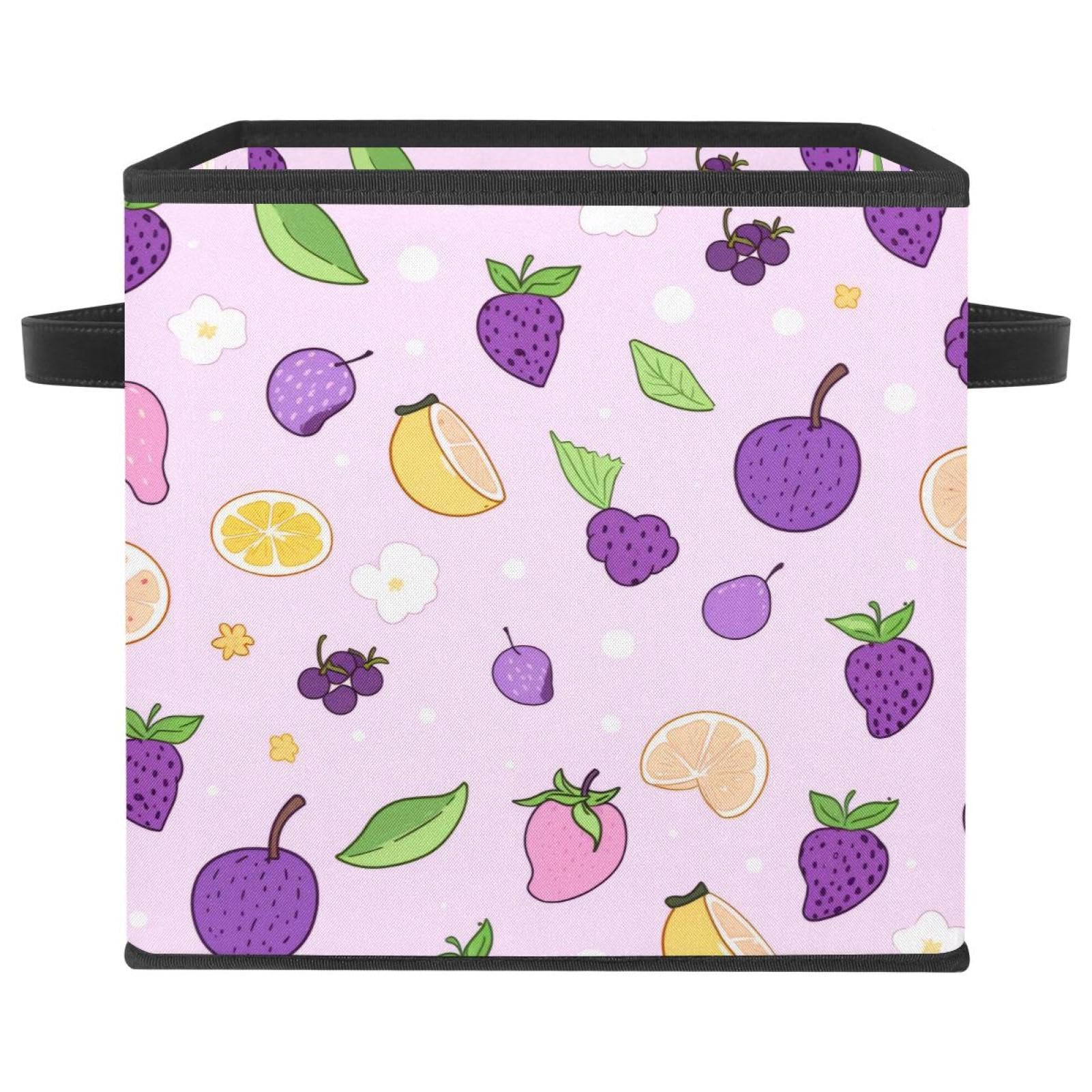Boîte de rangement pliable motif fruits violets avec poignées en cuir pour placard