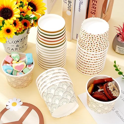 Miniatura 3 de Whaline 60 tazas de papel boho de 8 onzas, 3 estilos, bohemias, arco iris, lunares, rayas, tazones de papel desechables, cuencos de postre bohemios,