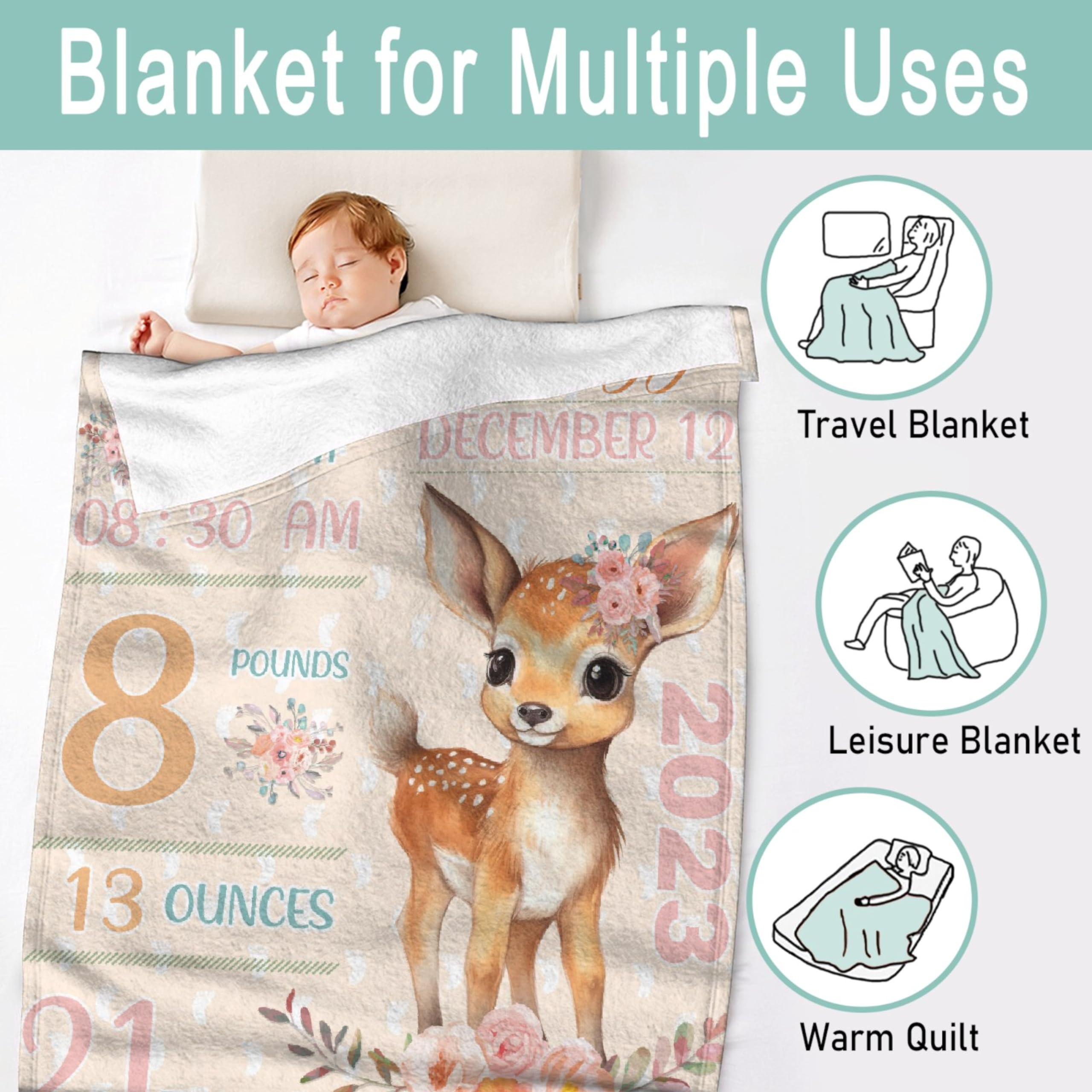 Custom Baby Deer Birth Stats Blanket, Blankets Personalized, Custom Blanket with Name, Gifts for Her, Throw Blanket Gift for Infant(40