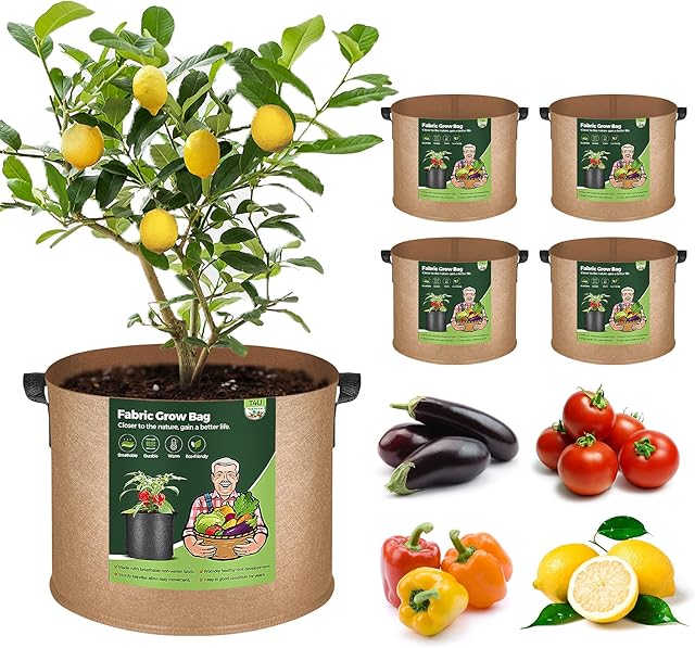 T4U 5-Pack 10 Gallon Fabric Plant Grow Bags, Heavy Duty Smart Growing Bag with Handle, Thickened Breathable Nonwoven Growbag Planter Container for Potato Tomato Chili Strawberry Vegetable Seed Outdoor