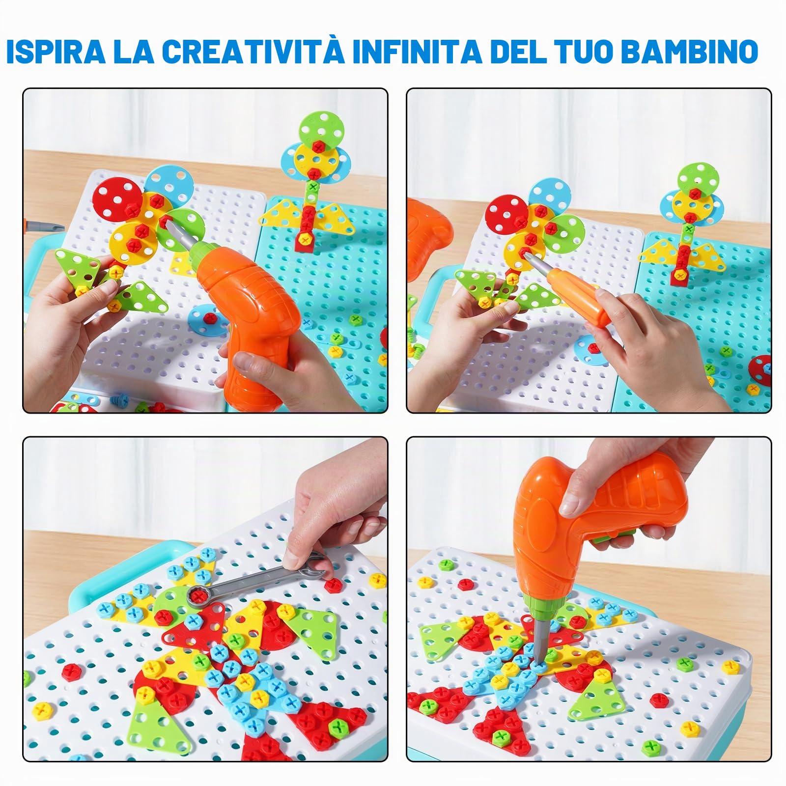 Ark miido Giocattoli Montessori con Trapano, Giochi Montessori Mosaico Giocattolo 3D Puzzle Scatola Giocattolo con Trapano Regalo per Bambini 3 4 5 6 Anni 399 Pezzi