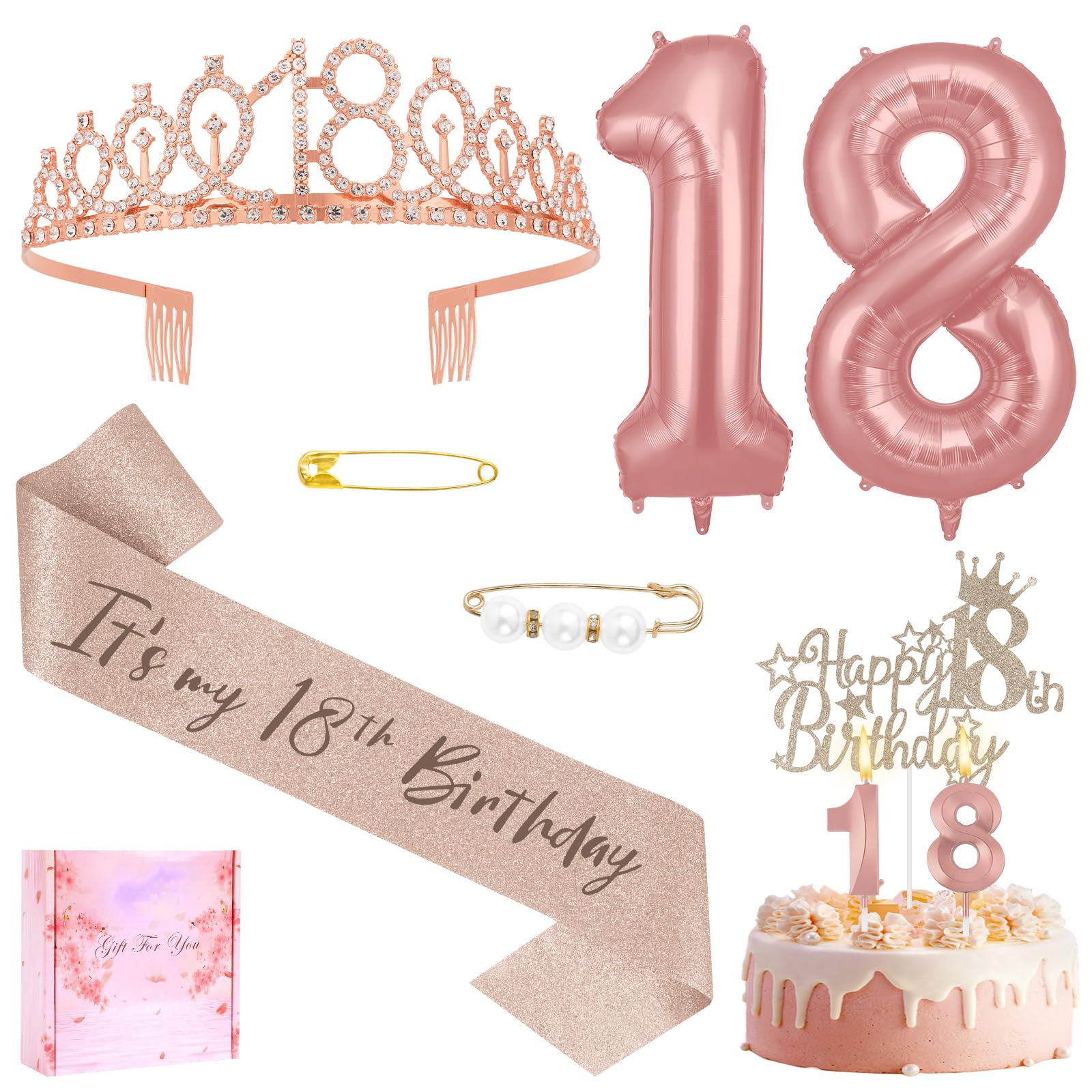 AOOSU 18th Birthday Decorations for Girls,18th Birthday Tiara and Sash with Pearl Pin Rose Gold Cake Topper Number Candle Balloons Kit Sweet 18 Party Decorations Gifts for Women Rose Gold