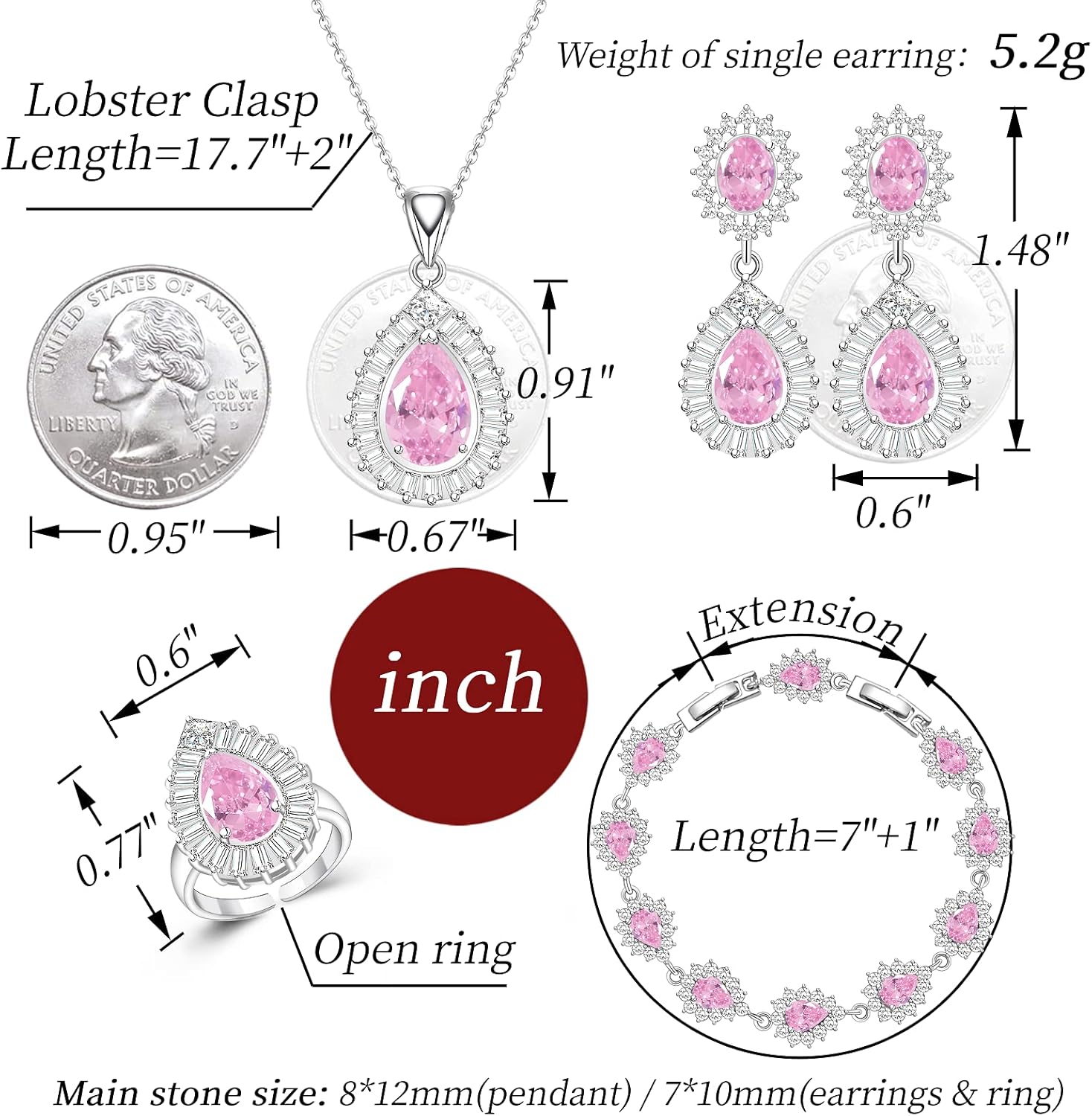 GZWHD Sparkling Jewelry Set for Women, Teardrop Earrings Necklace Bracelet Open Ring Set, Wedding Jewelry for Bride and Bridesmaids, Valentine's Day Mother's Day Thanksgiving Christmas Birthday Birthstone Gifts for Wife Mother Girlfriend Friends Sister - Image 6