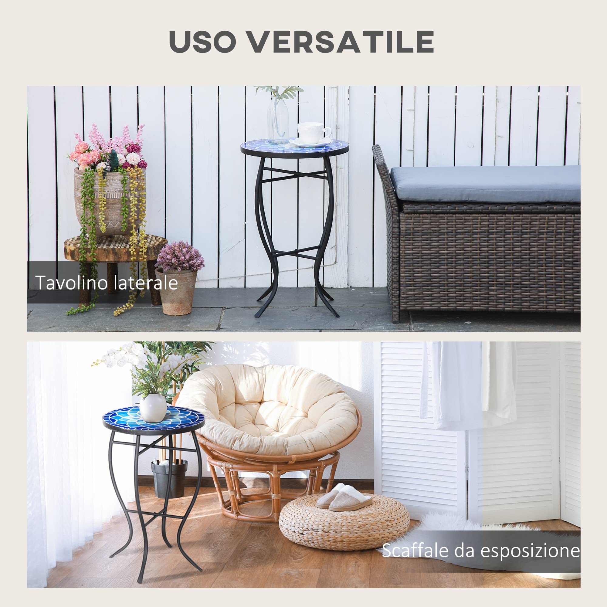 Outsunny Tavolino da Giardino Rotondo in Metallo con Piano in Ceramica, Design a Mosaico, 35.5x53.5cm, Blu e Bianco