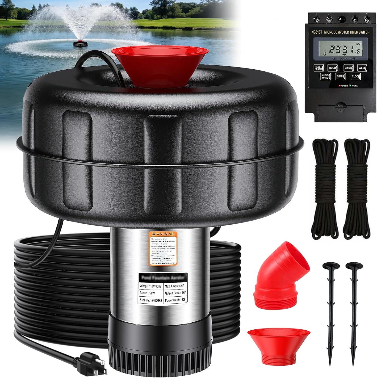 Pond Fountain Aerator, 1HP 15000 GPH Floating Fountain Pump with Timer, 100FT Power Cord, 2x100 FT Traction Rope, Fully Automatic Powerful Aerating Fountain Water Circulation, Black