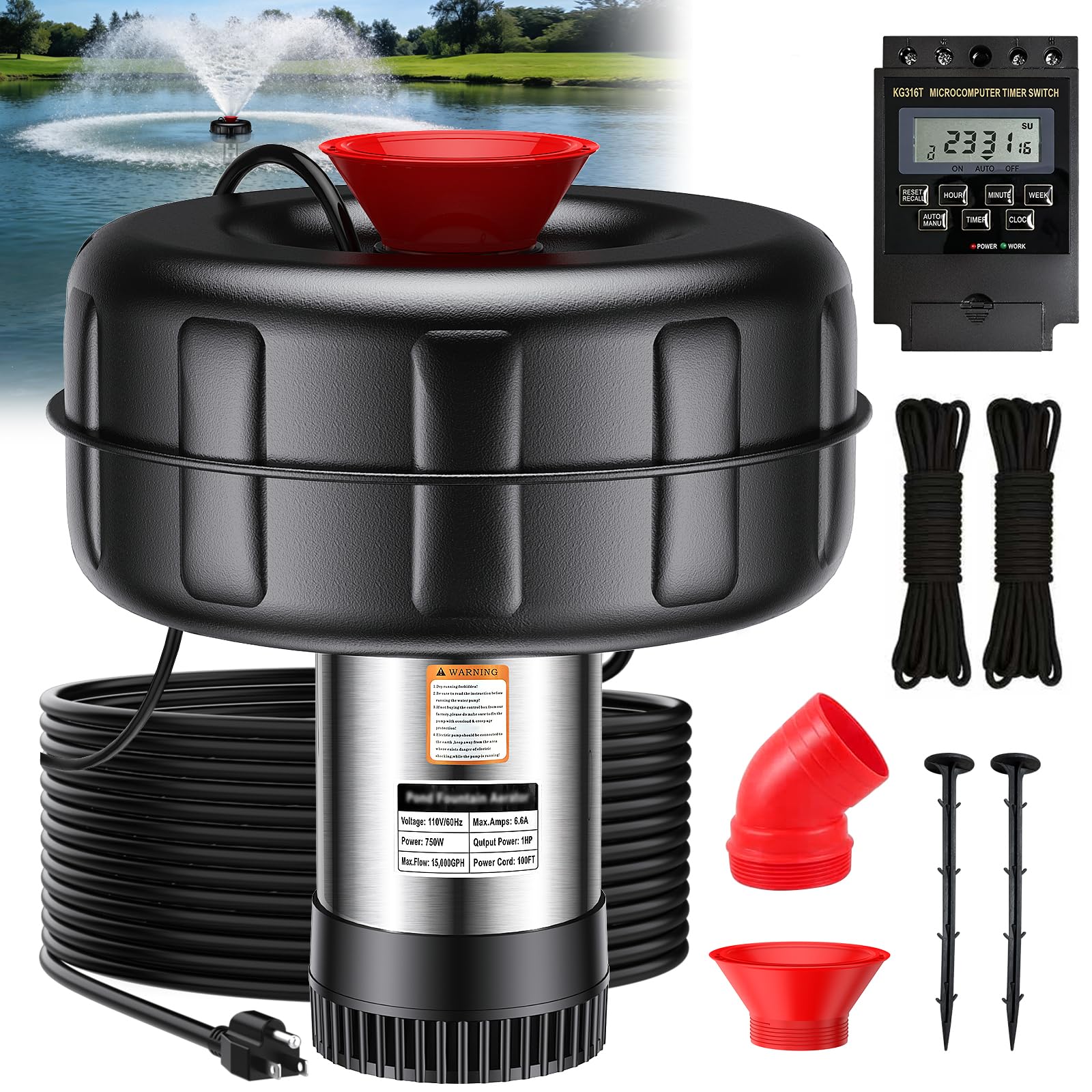 iCapeson Pond Fountain Aerator, 1HP 15000 GPH Floating Fountain Pump with Timer, 100FT Power Cord, 2x100 FT Traction Rope, Fully Automatic Powerful