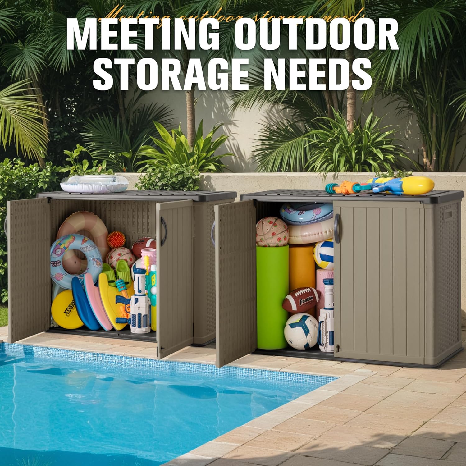 Greesum storage shed by a pool filled with items