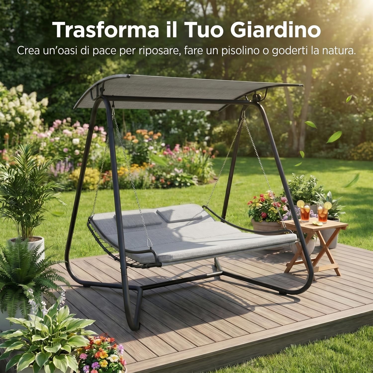 Marvin Dondolo Amaca Letto 2 Posti da Giardino con Tetto Parasole Struttura in Acciaio Seduta Imbottita in Textilene per Terrazzo Patio e Piscina (GRIGIO/GRIGIO)