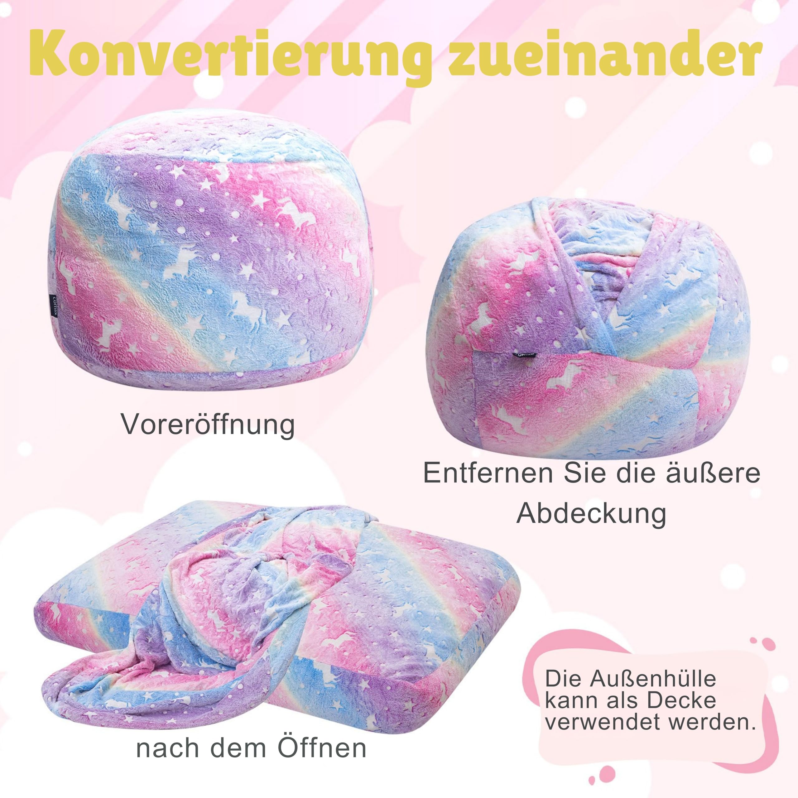 MeMoreCool Sitzsack für Kinder Flauschig mit Füllung, Kinder Sessel Sitzsackbett, umwandelbarer Sitzstuhl in Bodenmatratze, Sitzsäcke fürs Kuschelecke Kinderzimmer für Mädchen und Jungen, Regenbogen