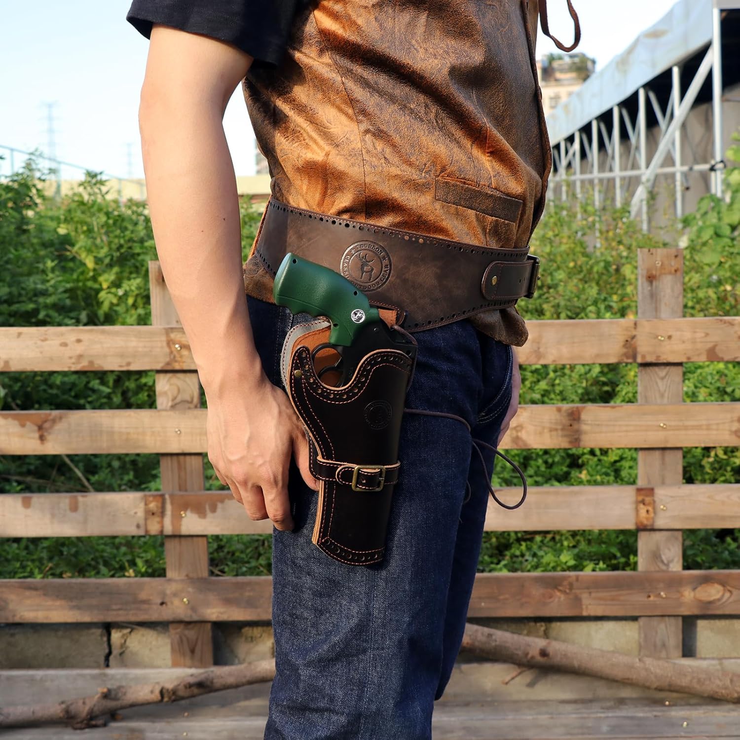 TOURBON Leather Pistol Holster Adjustable Gun Belt Drop Loop Single Rig Ammo Cartridge Bandolier
