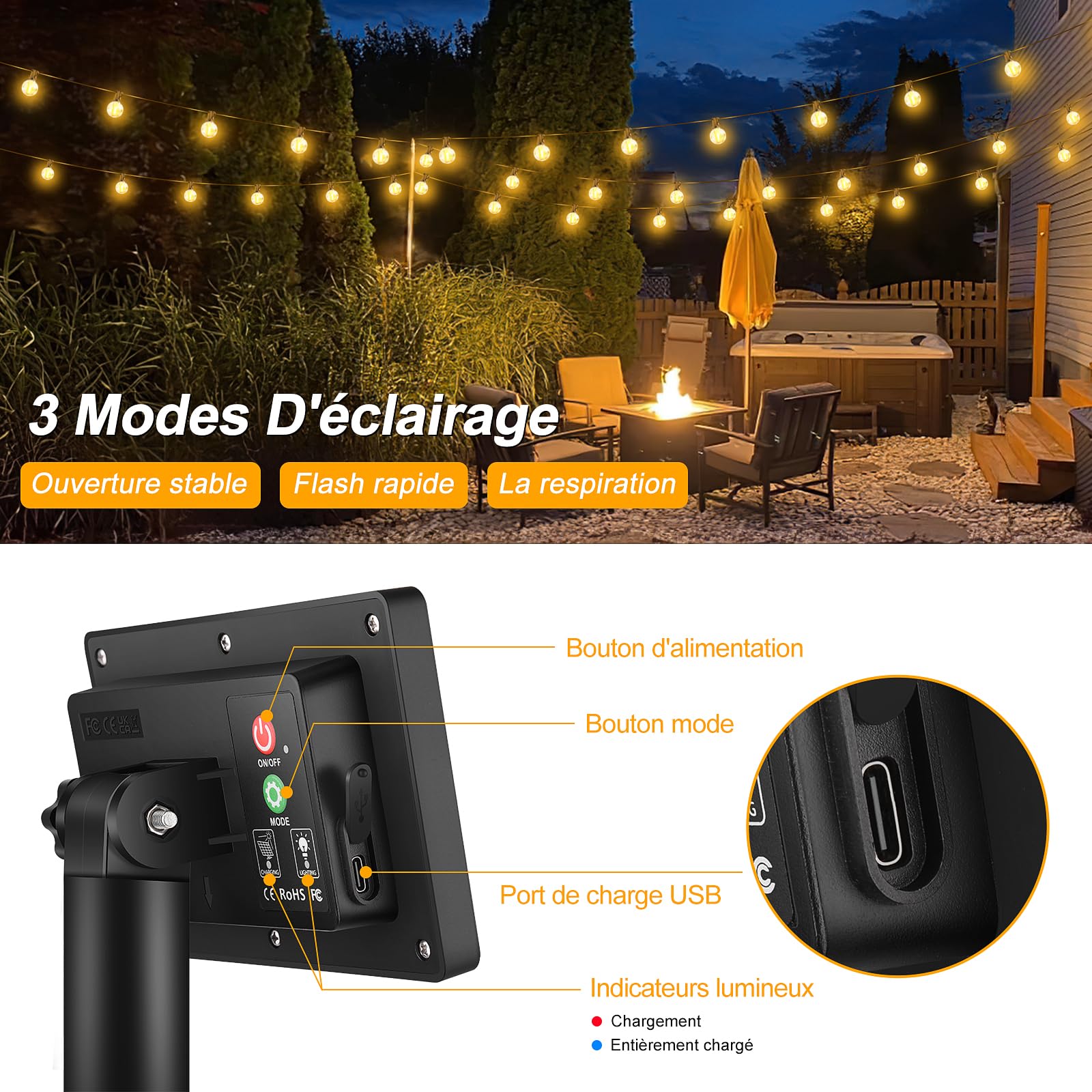 Catena Luminosa Esterno Solare 15M - Luci Esterno Energia Solare 25+1 LED G40 USB Ricaricabile Impermeabile Luci Solari Esterno Giardino per Feste Patio Cortile Terrazzo