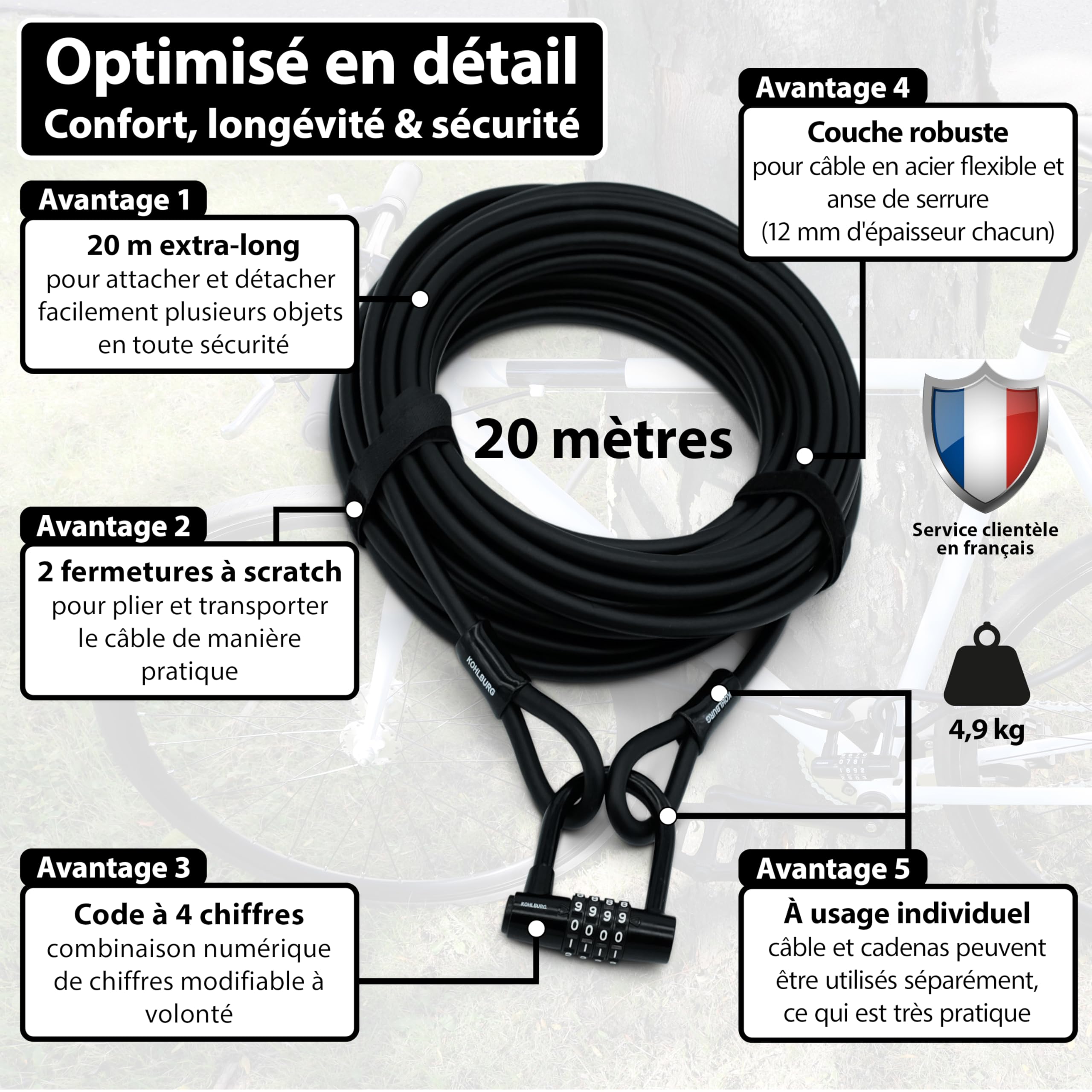 KOHLBURG cable antivol [20m de long, en acier] avec combinaison à chiffres – Serrure à code 2000 cm gaine cable de sécurité – Cadenas câble pour plusieurs vélos, bateaux, meubles de jardin, remorque